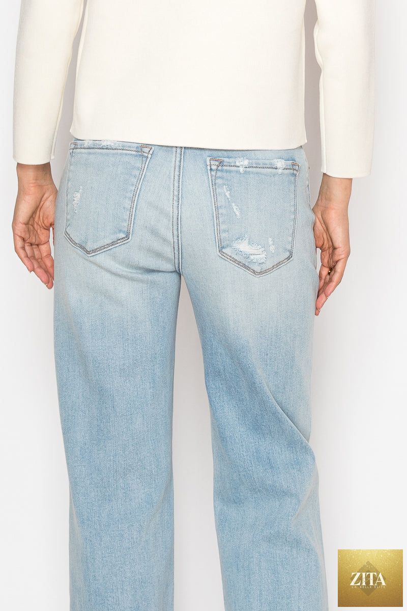 Artemis Vintage high-rise relaxed straight-leg jeans with tummy control, blue denim, showing front view with pockets and waist detail.