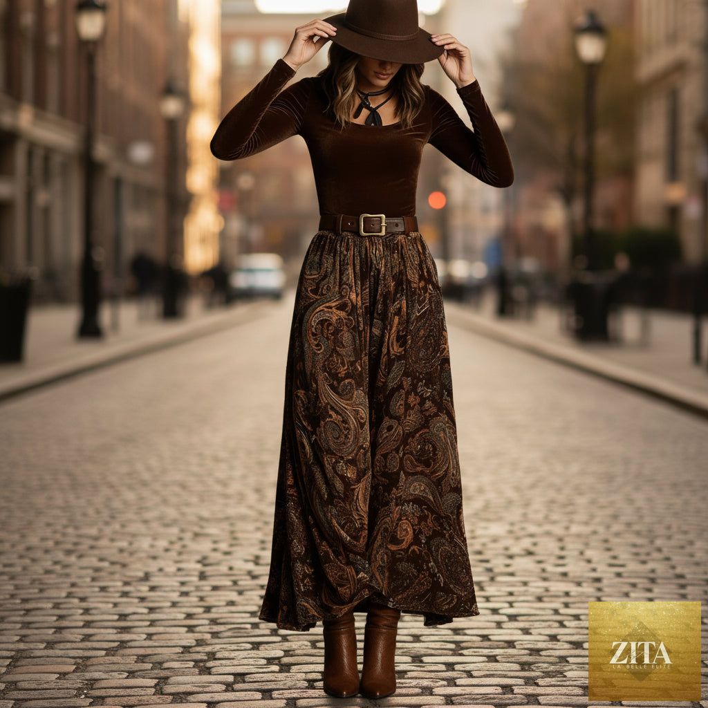 Women's floral print long sleeve skirt set with belt in caramel from Zita La Belle Elite, casualwear ensemble.
