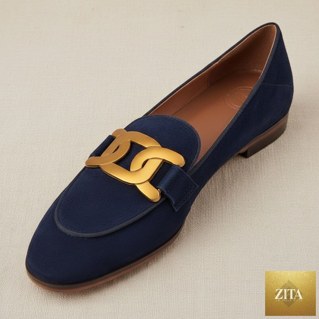 Women's retro suede loafers with metal buckle, platform chunky heel, slip-on design by FitiqueFit.