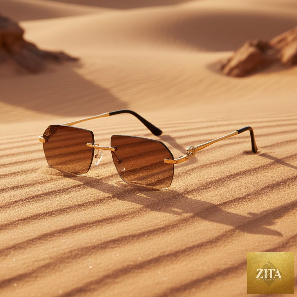 FitiqueFit gold frame cheetah rimless sunglasses with hip-hop style, showcasing bold eyewear design and unique animal print.