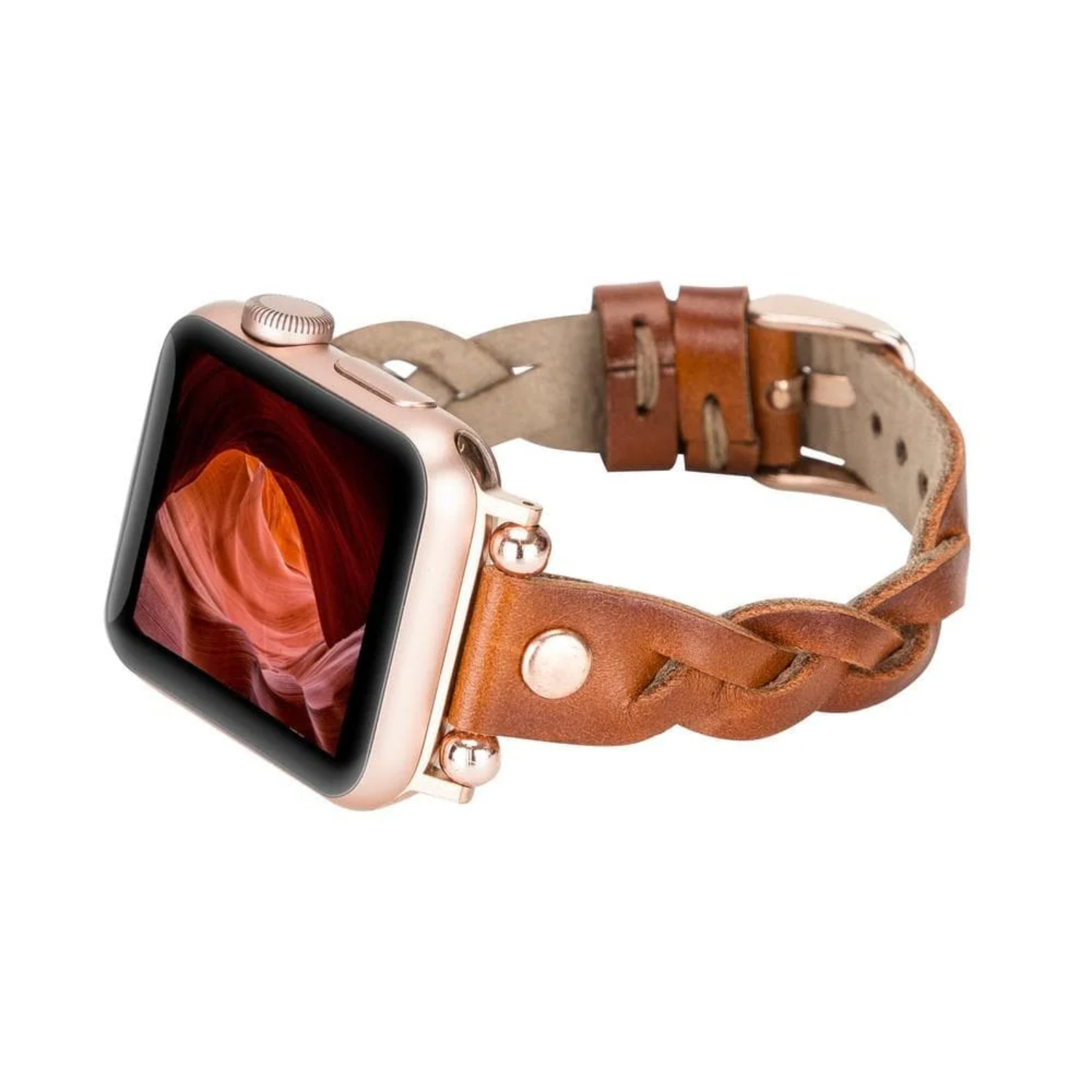Leather Apple Watch band in brown with braided design by LEATHERE, designed for a stylish and comfortable fit.