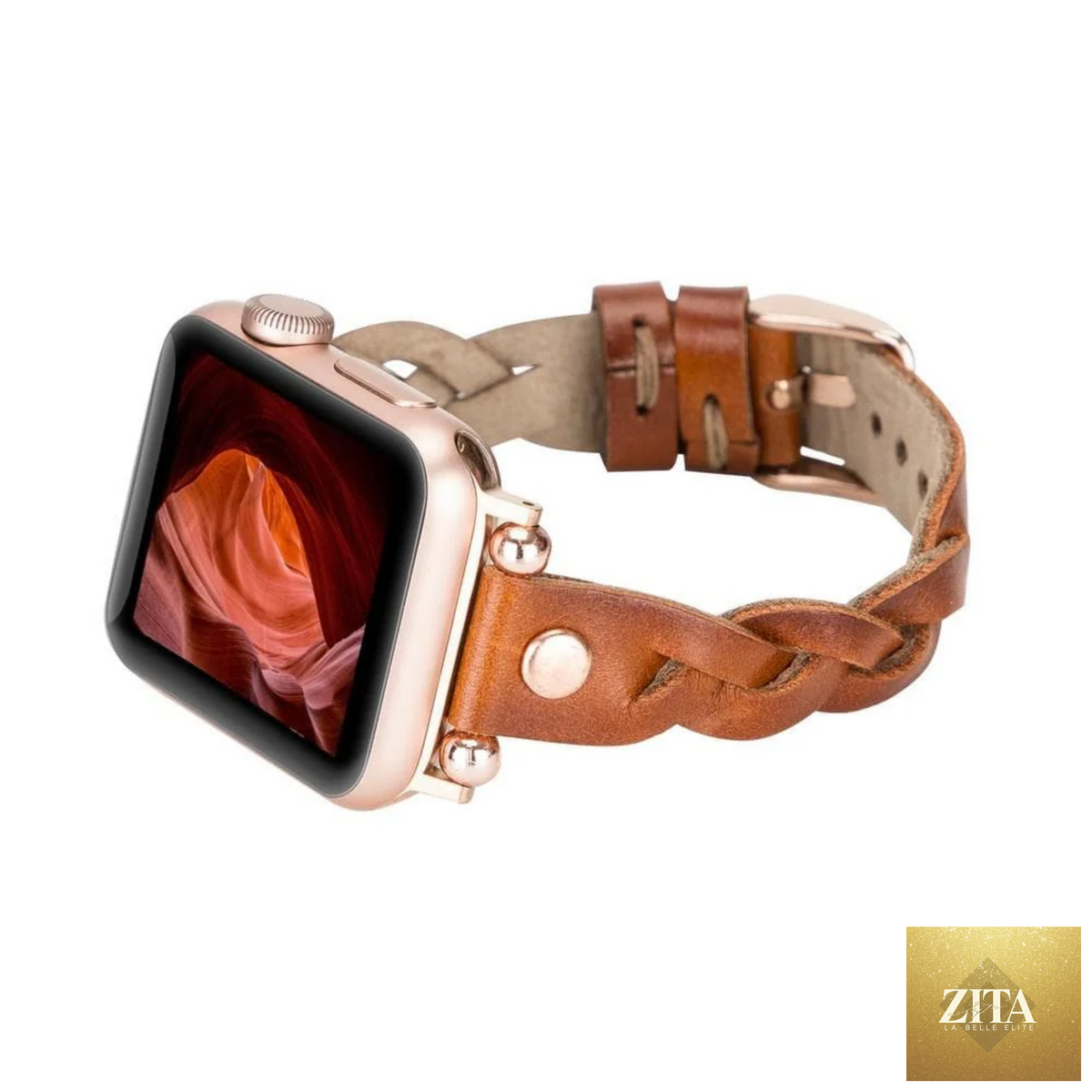 Leather Apple Watch band in brown with braided design by LEATHERE, designed for a stylish and comfortable fit.