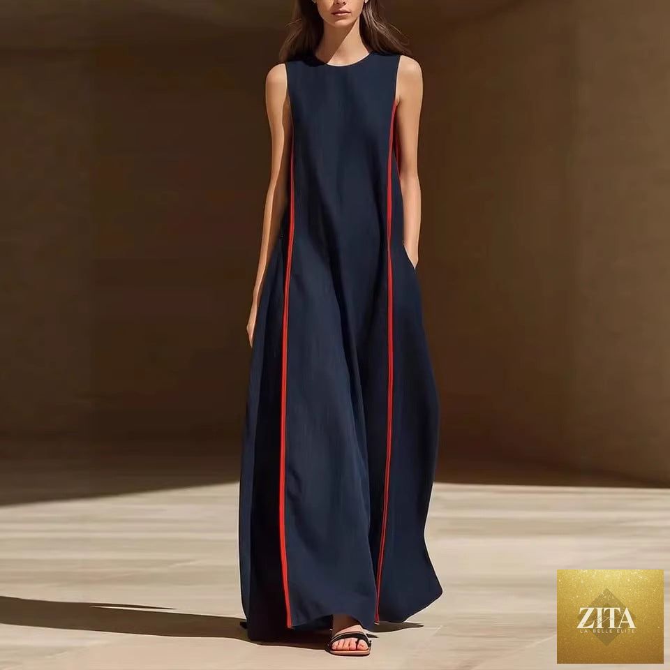 Women's linen sleeveless striped maxi dress by Zita La Belle Elite, loose-fit casualwear perfect for warm weather.
