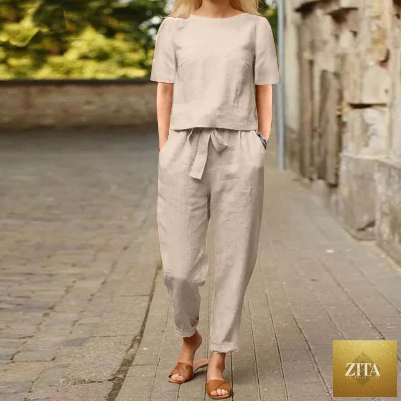 Zita La Belle Elite wide-leg pants two-piece set in solid color, casual lounge suit with relaxed fit and comfortable fabric.