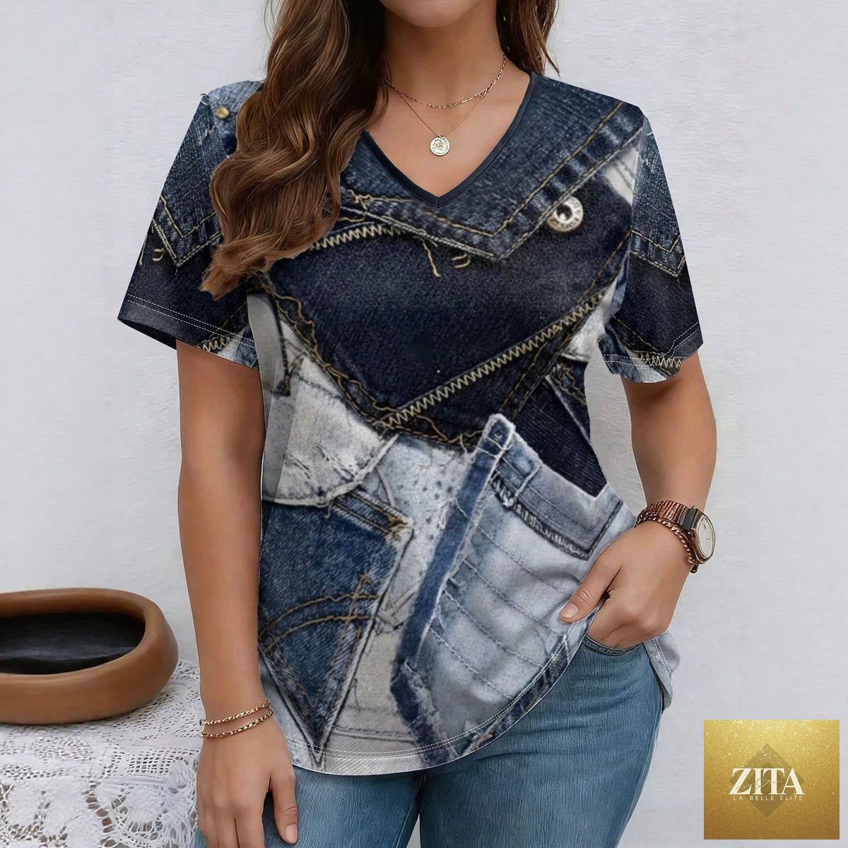 Zita La Belle Elite V-neck denim print short sleeve casual T-shirt, loose fit, stylish denim pattern, on a white background.