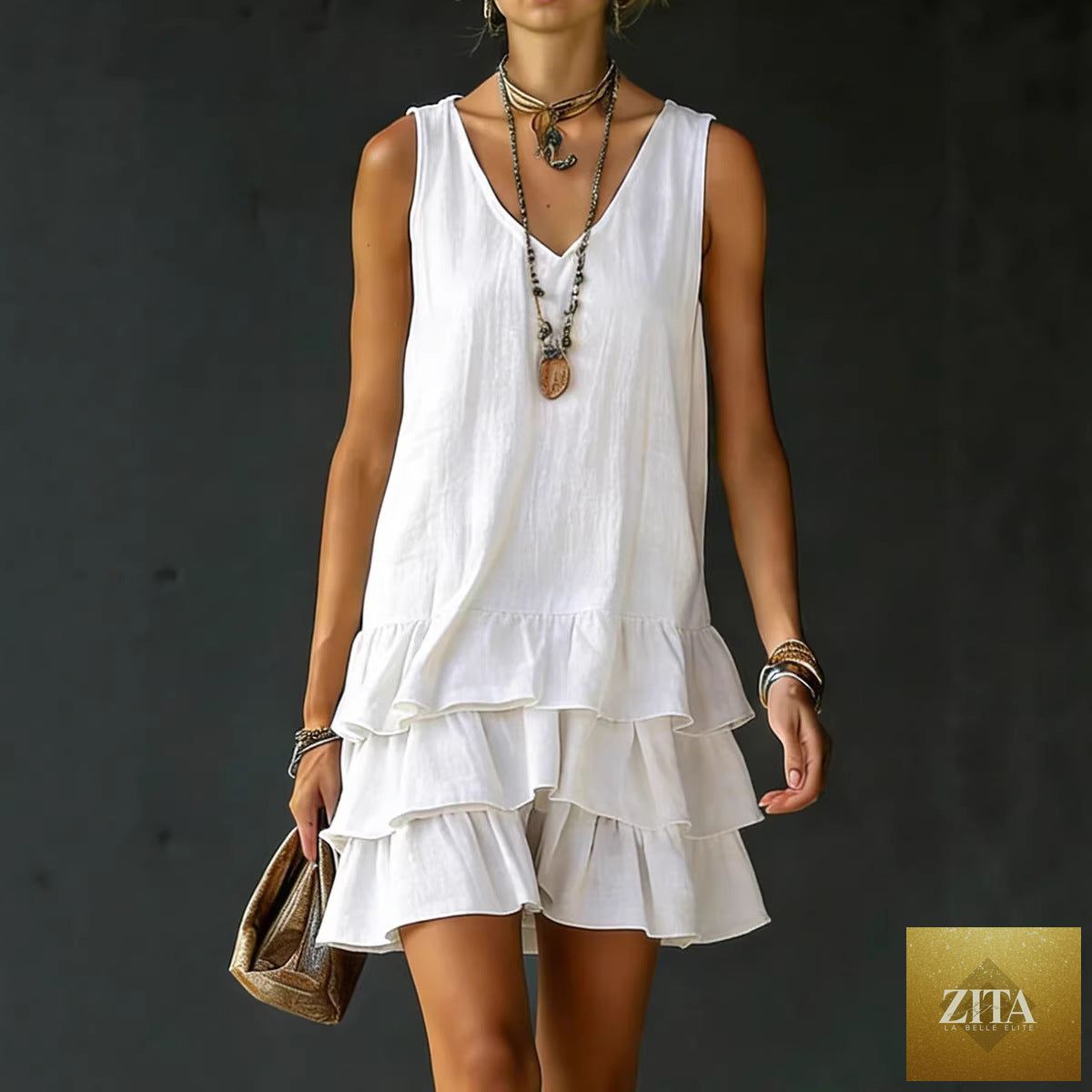 Zita La Belle Elite sleeveless V-neck midi dress in five colors, casualwear, displayed flat with fabric details and color options visible.