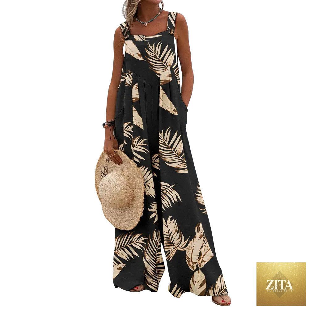 Women's printed sleeveless loose casual wide-leg pants with a relaxed fit and bold floral pattern, perfect for summer wear.