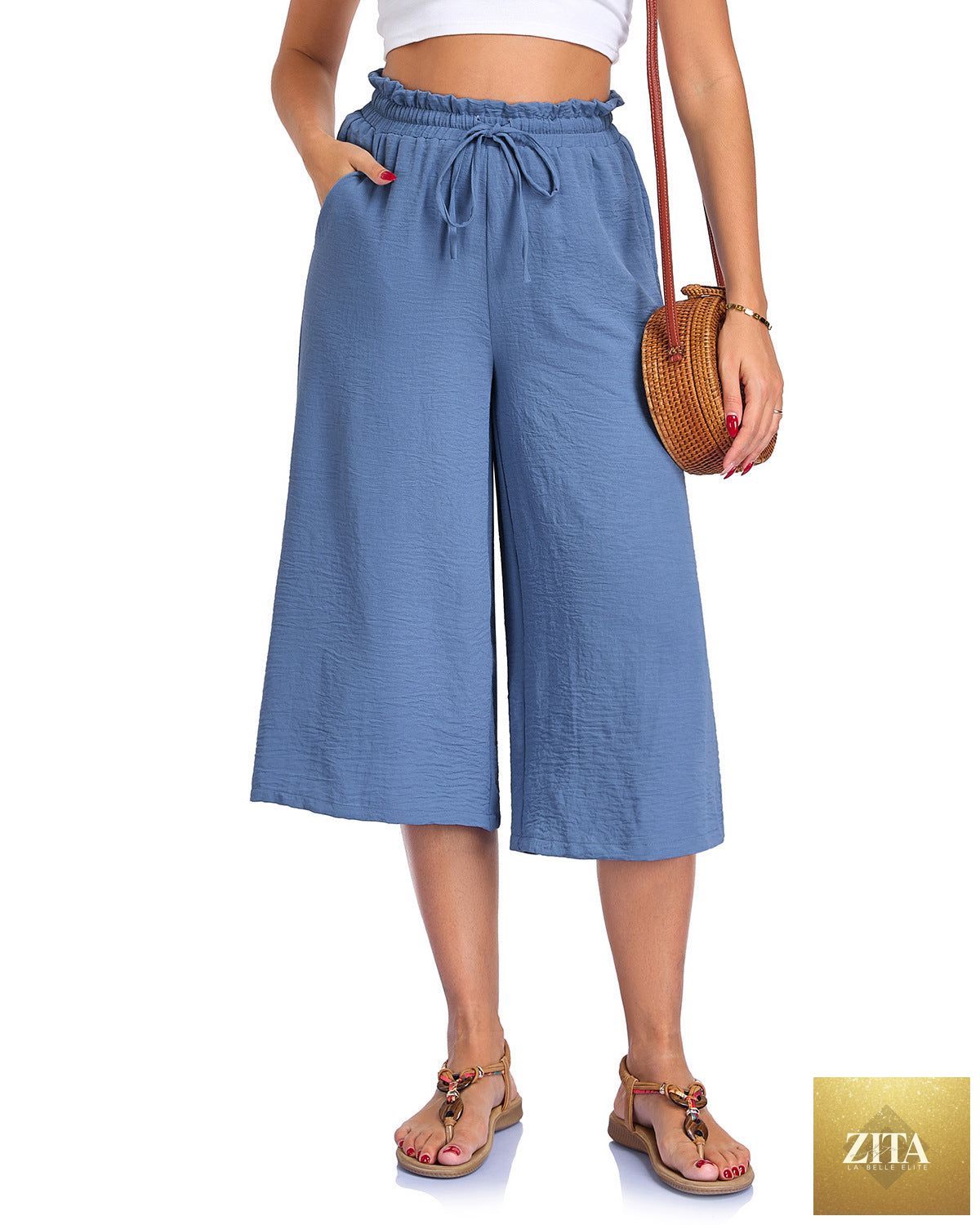 Women’s elastic cropped wide-leg pants by Zita La Belle Elite, casualwear with comfortable fit and stylish wide-leg design.