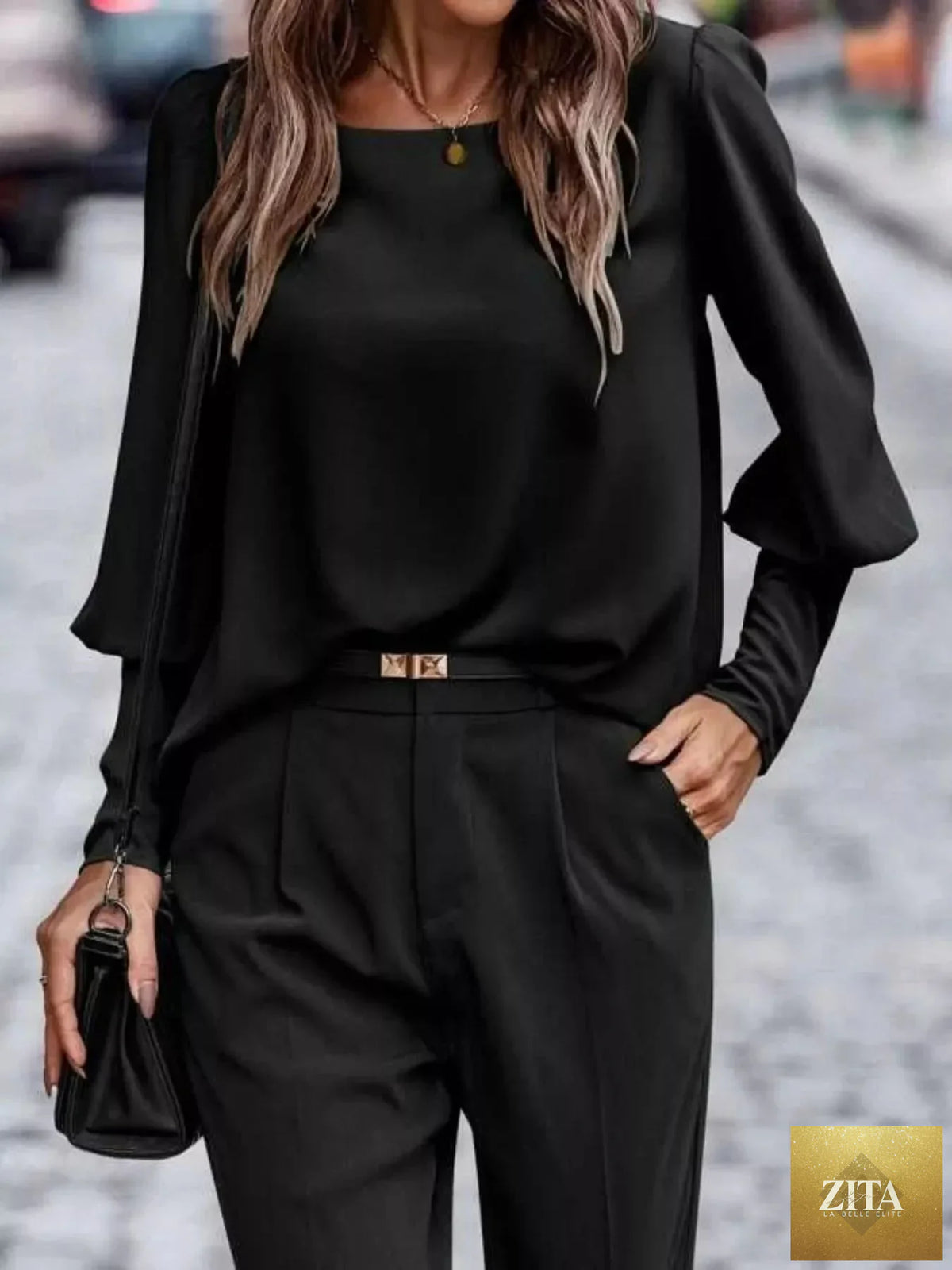 Simply Love back button lantern sleeve blouse with a stylish design, featuring lantern sleeves and a back button detail.