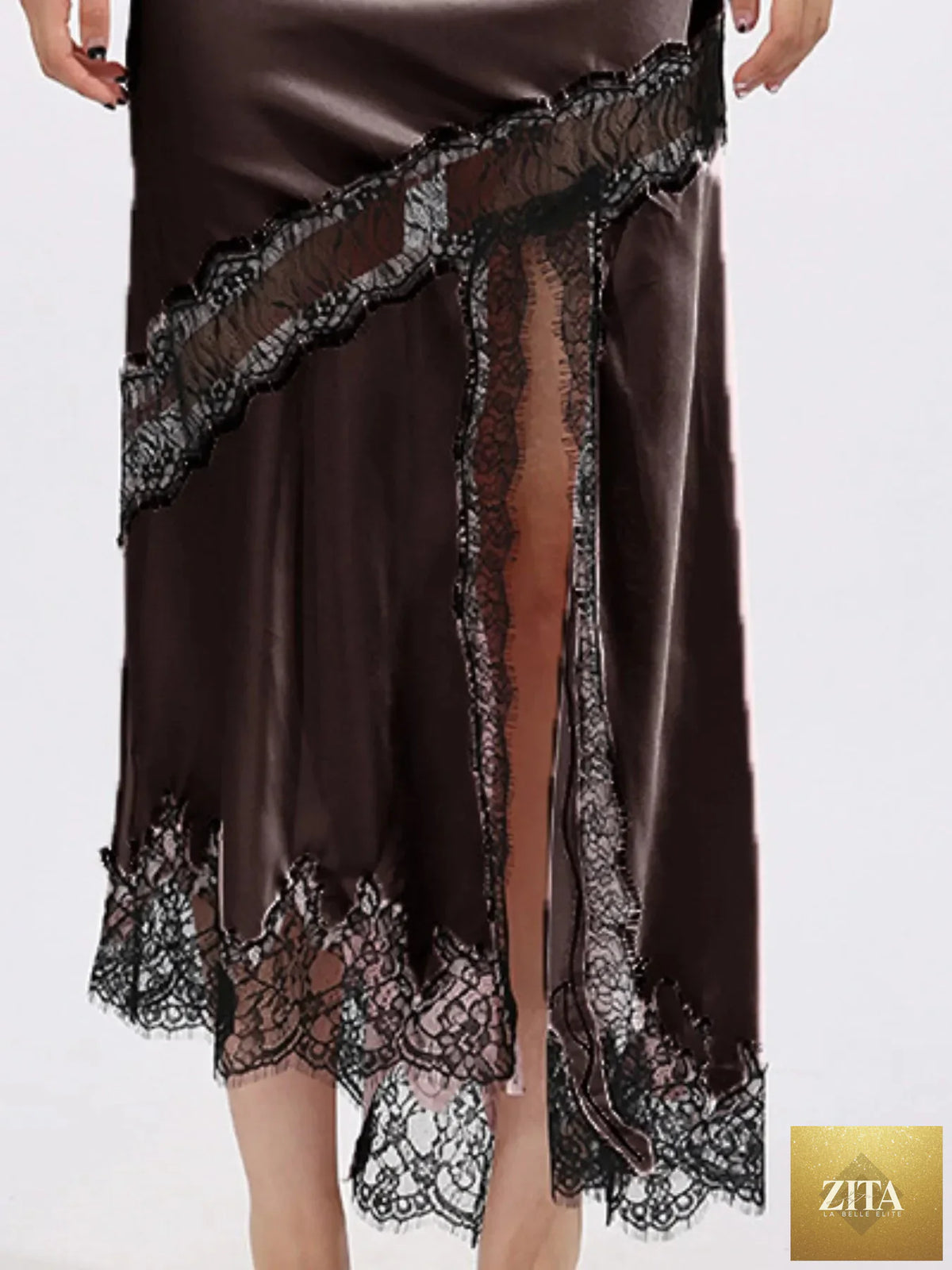 Zita La Belle Elite lace trim asymmetrical midi skirt with flowy fabric and decorative lace details, shown from front view.