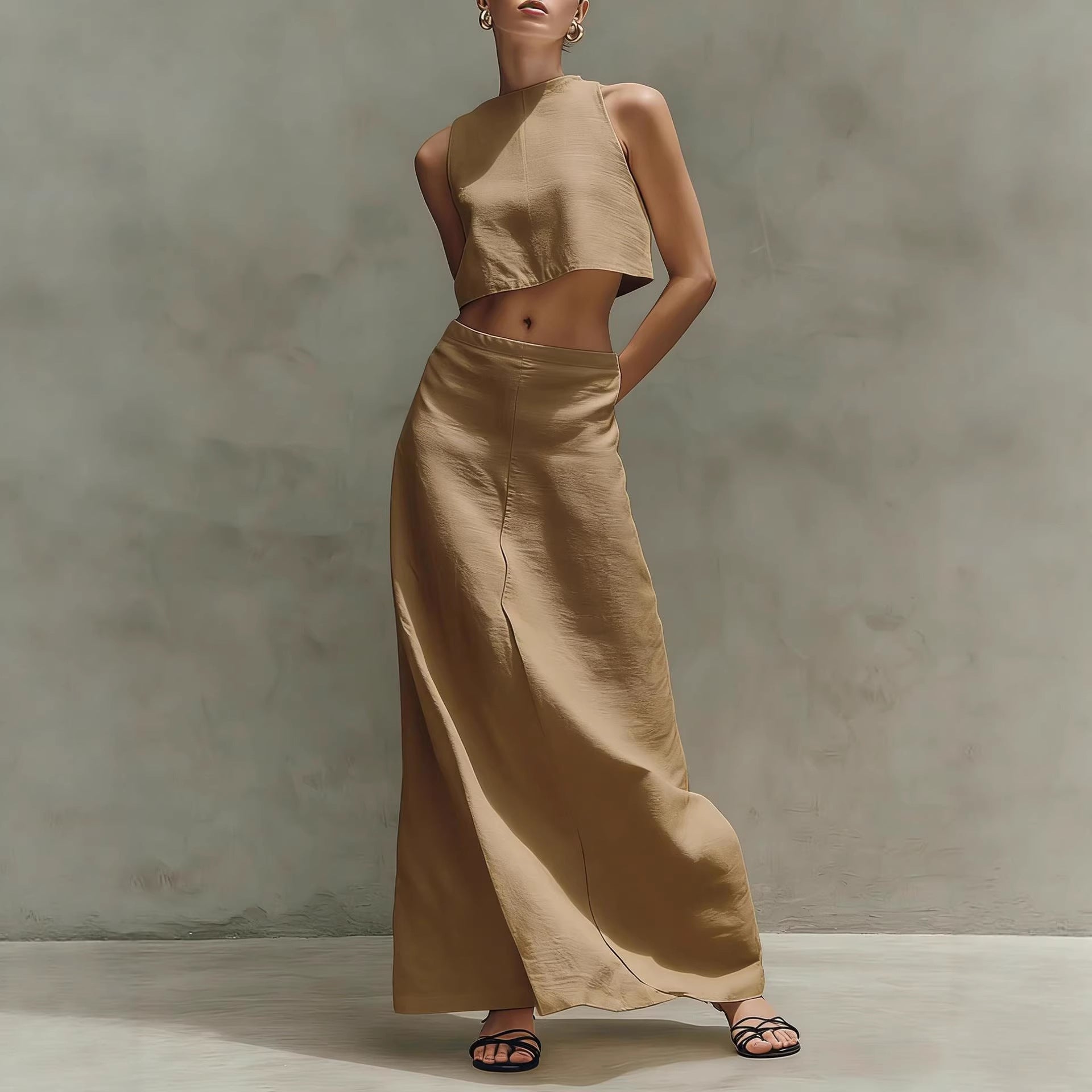 Women's sleeveless slimming maxi dress two-piece casualwear set by FitiqueFit, featuring a fitted dress and matching top.