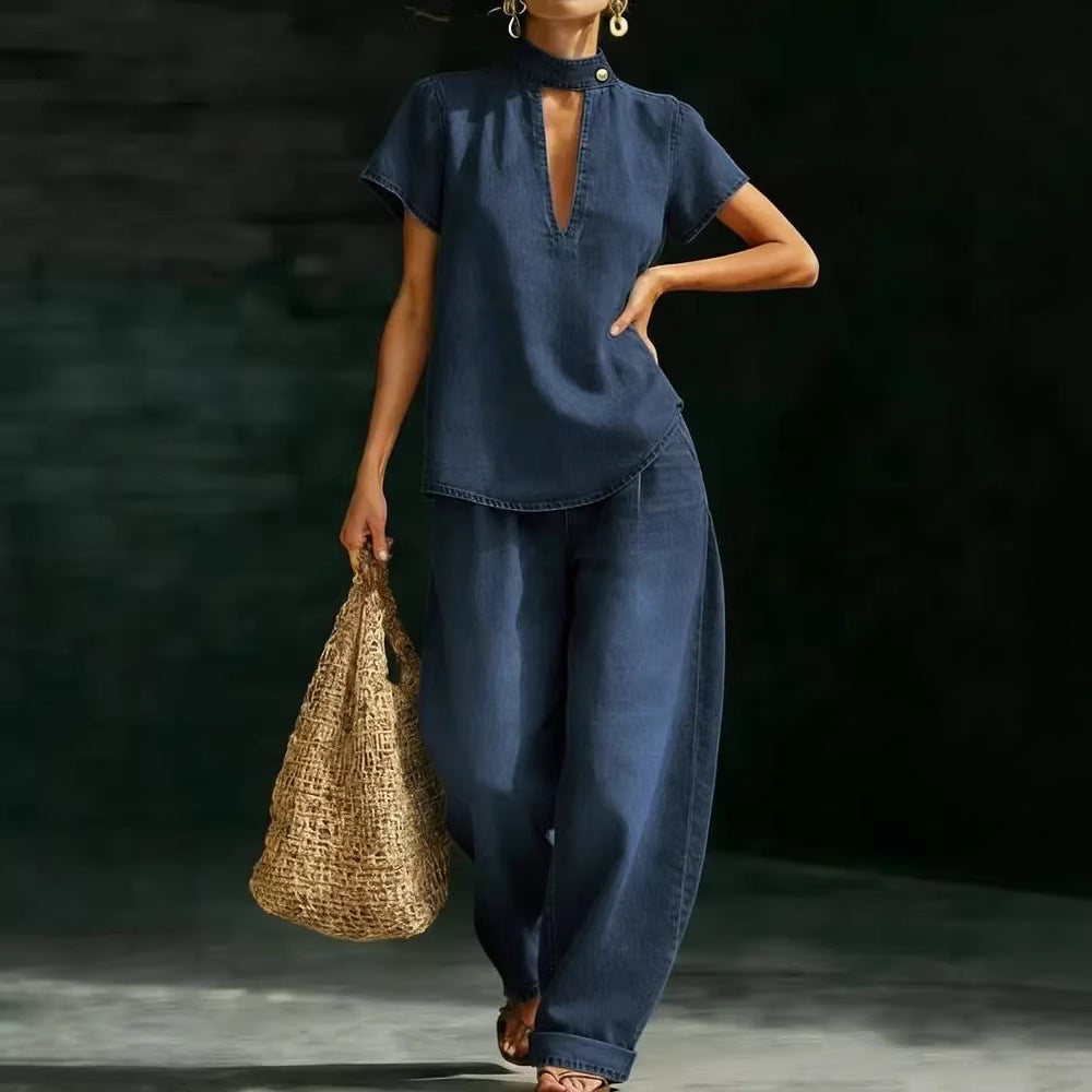 Faux Denim Two-Piece Set – Loose-Fit Short-Sleeve & Pants