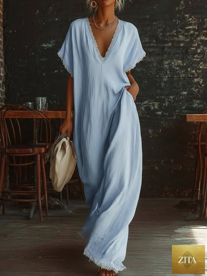 Lace-trimmed loose linen cotton long dress for women by Zita La Belle Elite, featuring casual style and relaxed fit.
