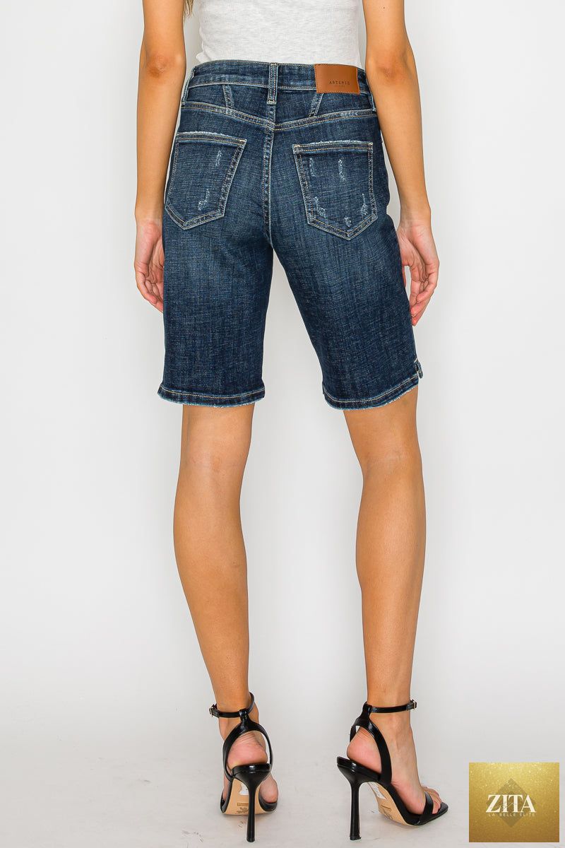 Artemis Vintage Celeste Dark Wash High Rise Bermuda Jeans, denim shorts with a high waist and dark wash finish.