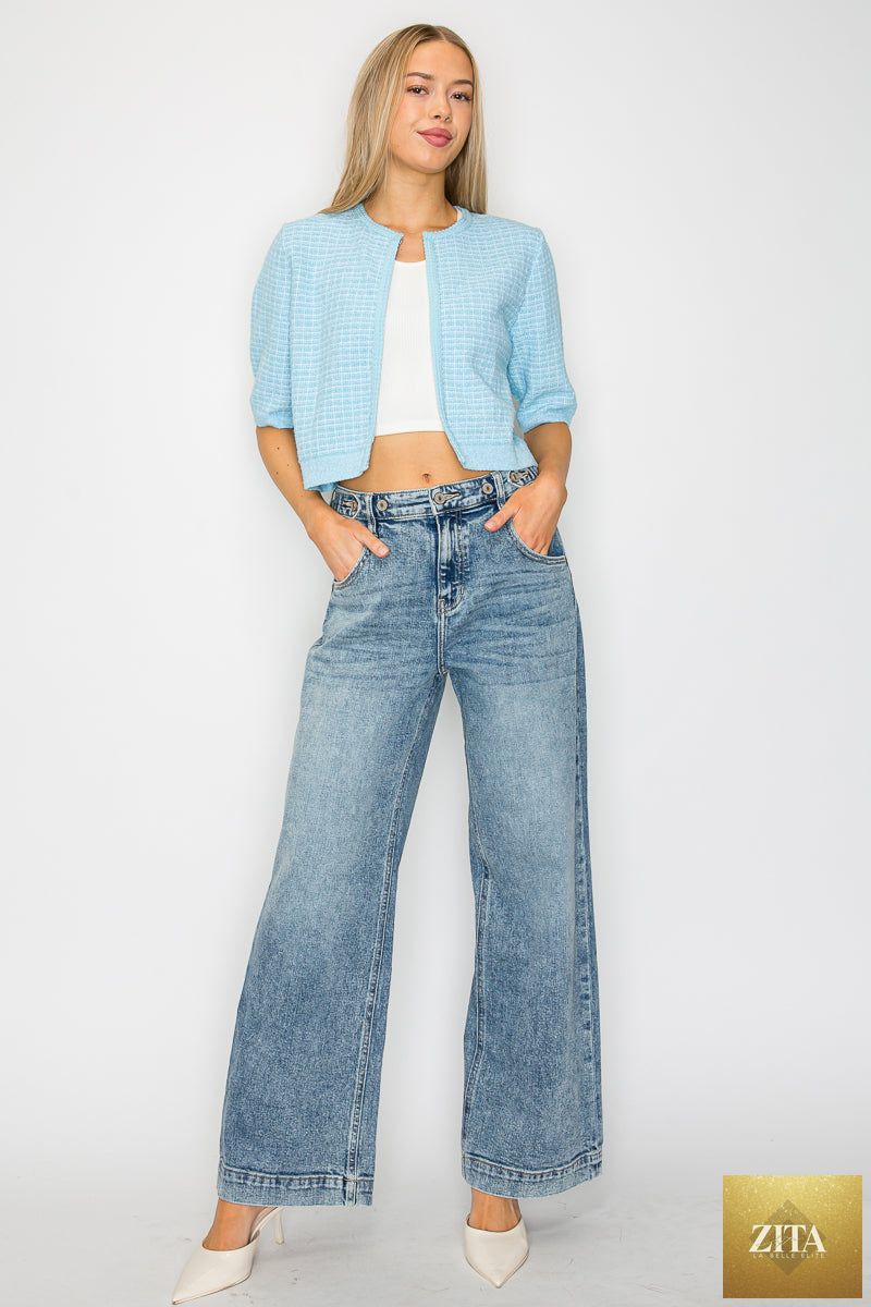 Artemis Vintage high rise baggy wide jeans with adjustable waistband, showcasing relaxed fit and denim fabric.