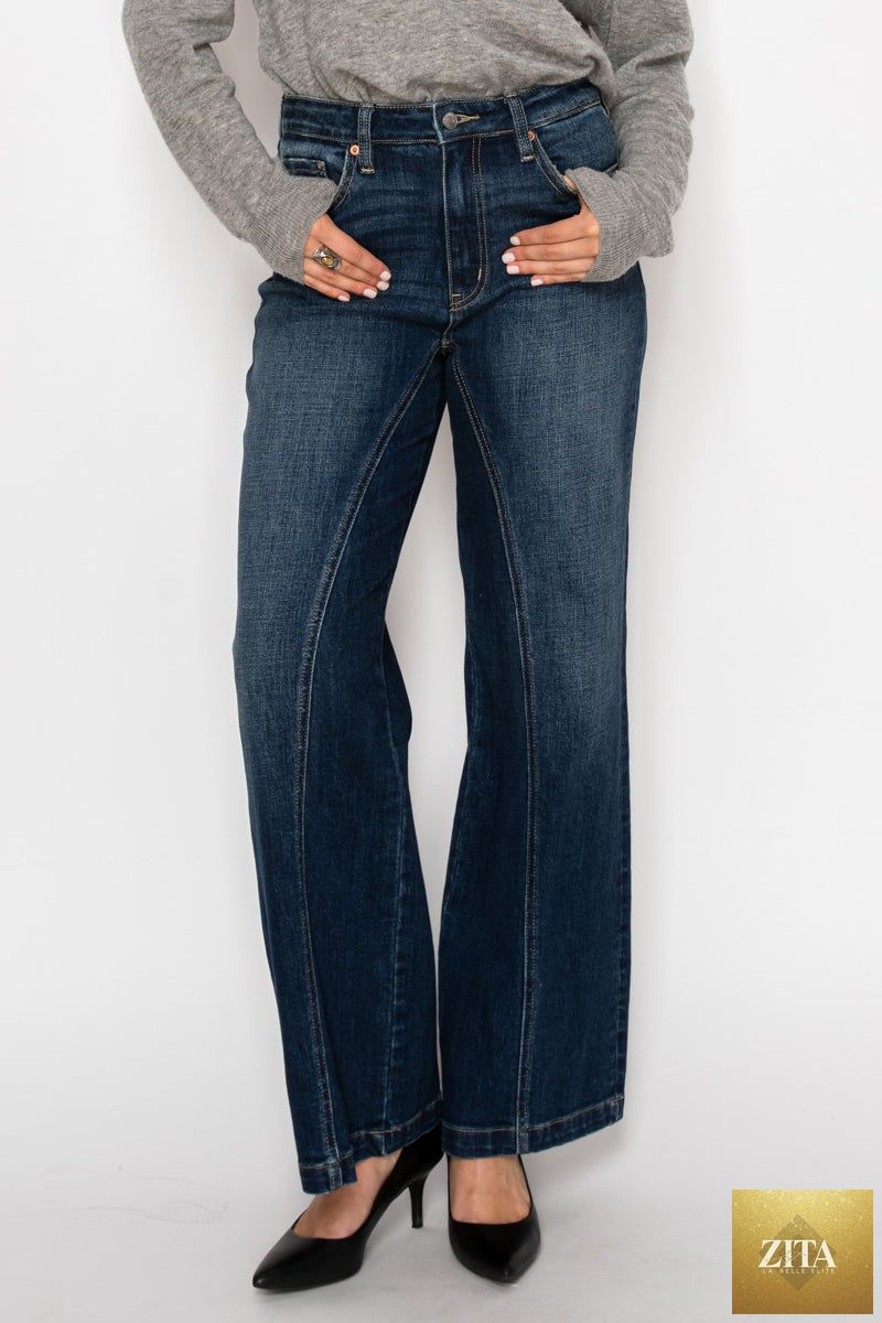 Artemis Vintage hybrid stretch ripped ultra high rise relaxed flare jeans with distressed details and frayed hems.
