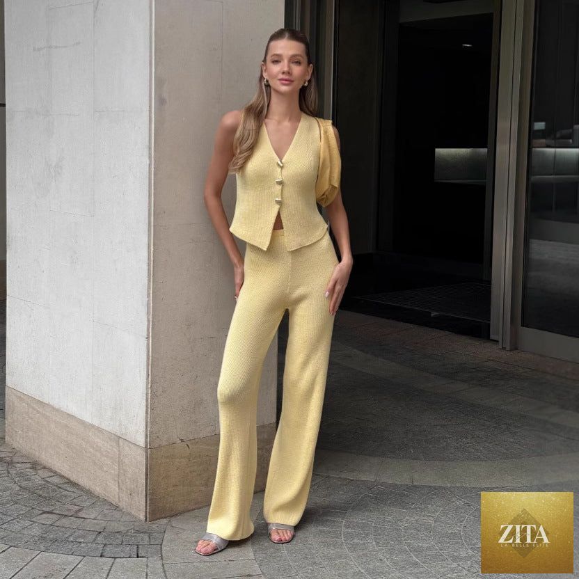 Bohemian wide-leg beach pants set by FitiqueFit featuring sleeveless casualwear, flowy fabric, perfect for relaxed summer outings.