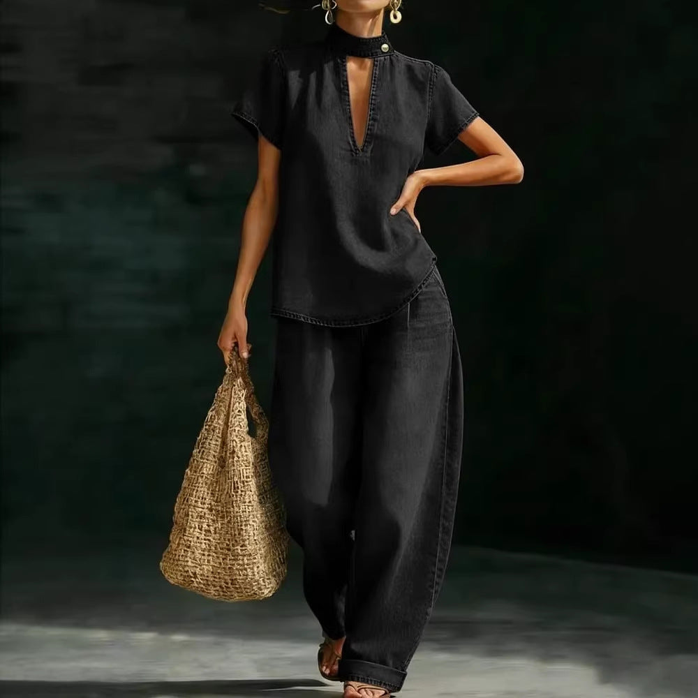 Faux Denim Two-Piece Set – Loose-Fit Short-Sleeve & Pants