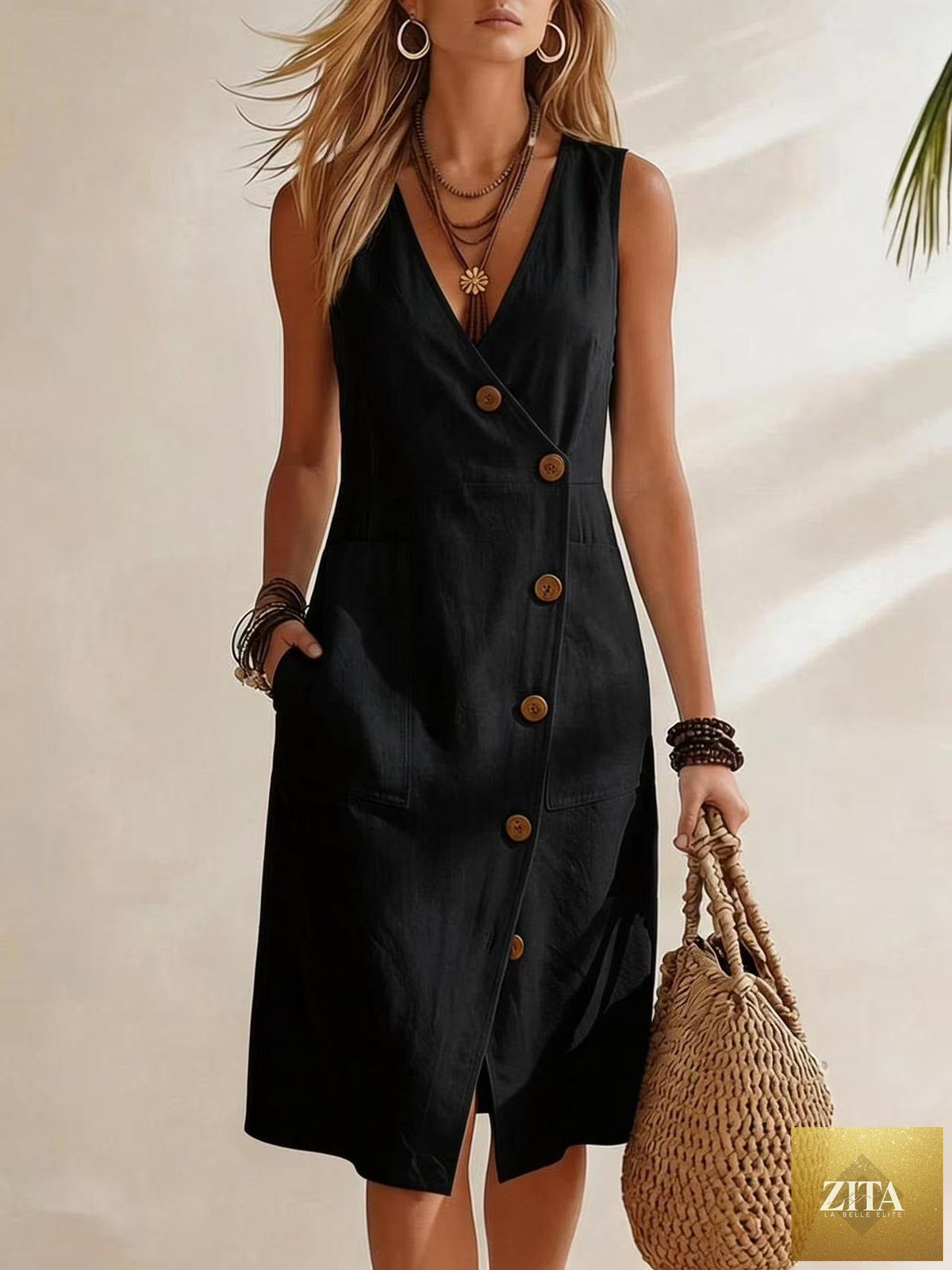 Women's FitiqueFit casualwear resort V-neck sleeveless midi dress with asymmetrical button details, perfect for summer or beach outings.
