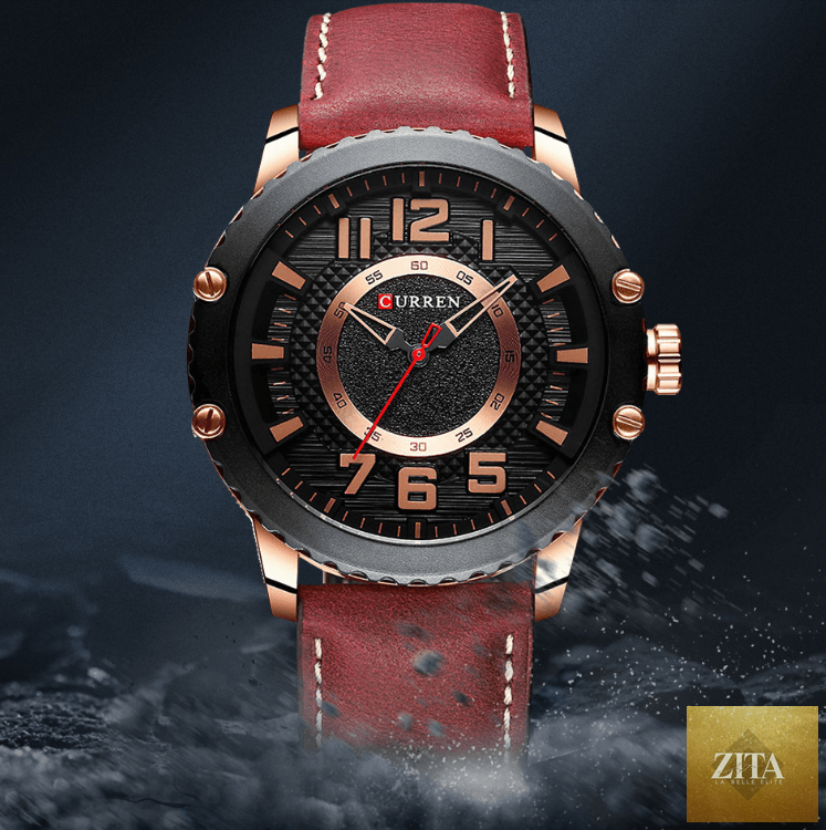 Men's waterproof sport watch by Stevvex with leather belt, large number dial, and unique design perfect for active wear.