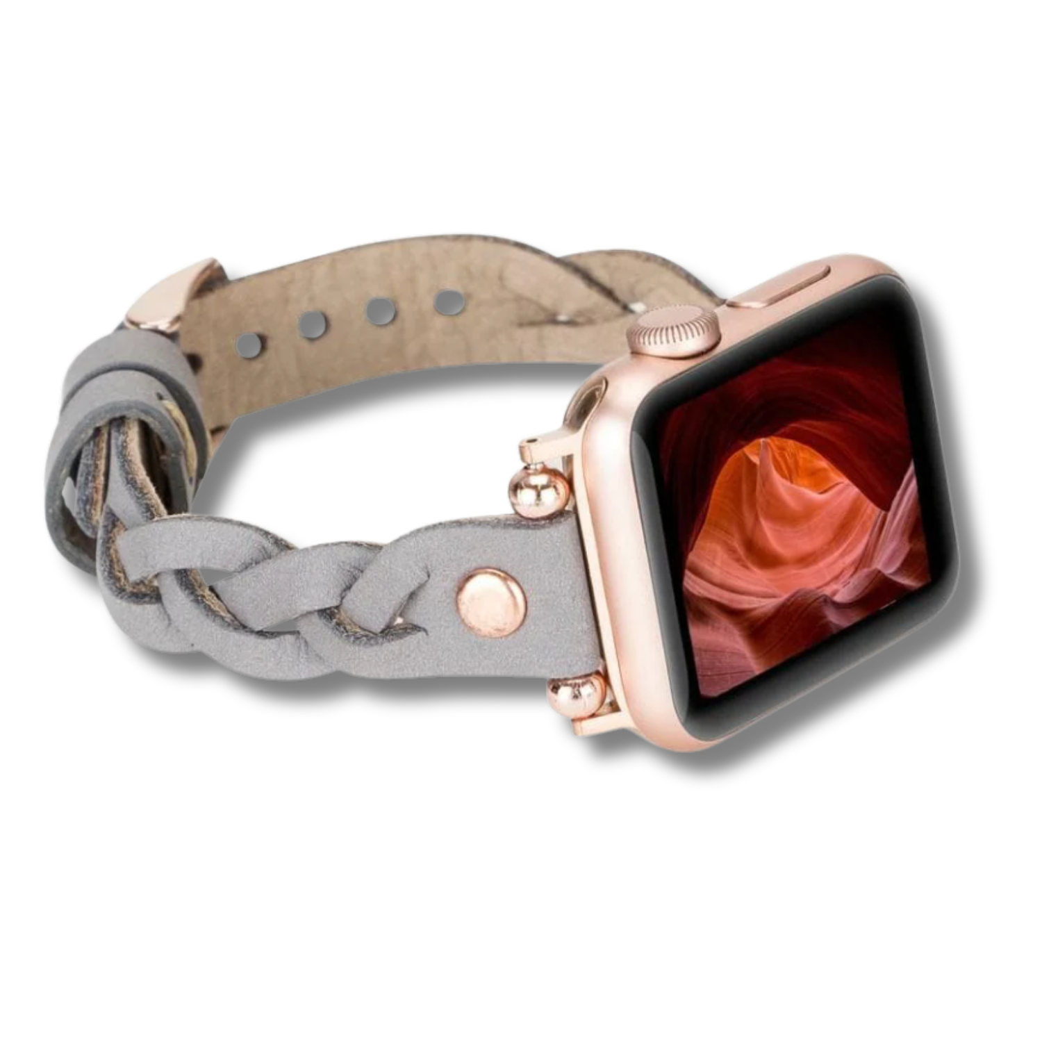 Leather Apple Watch band in grey with braided design by LEATHERE, featuring a stylish and comfortable fit for Apple Watch.