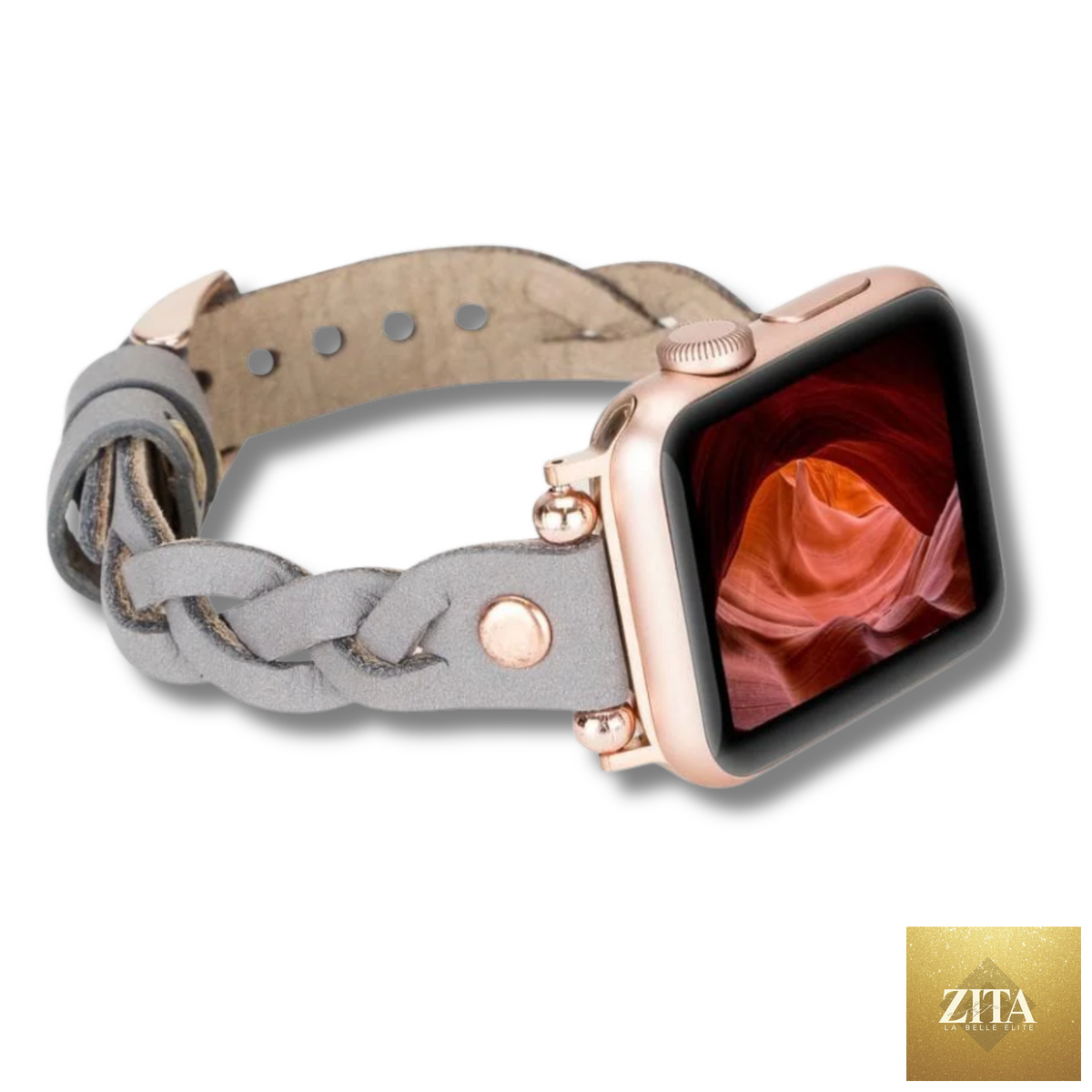 Leather Apple Watch band in grey with braided design by LEATHERE, featuring a stylish and comfortable fit for Apple Watch.