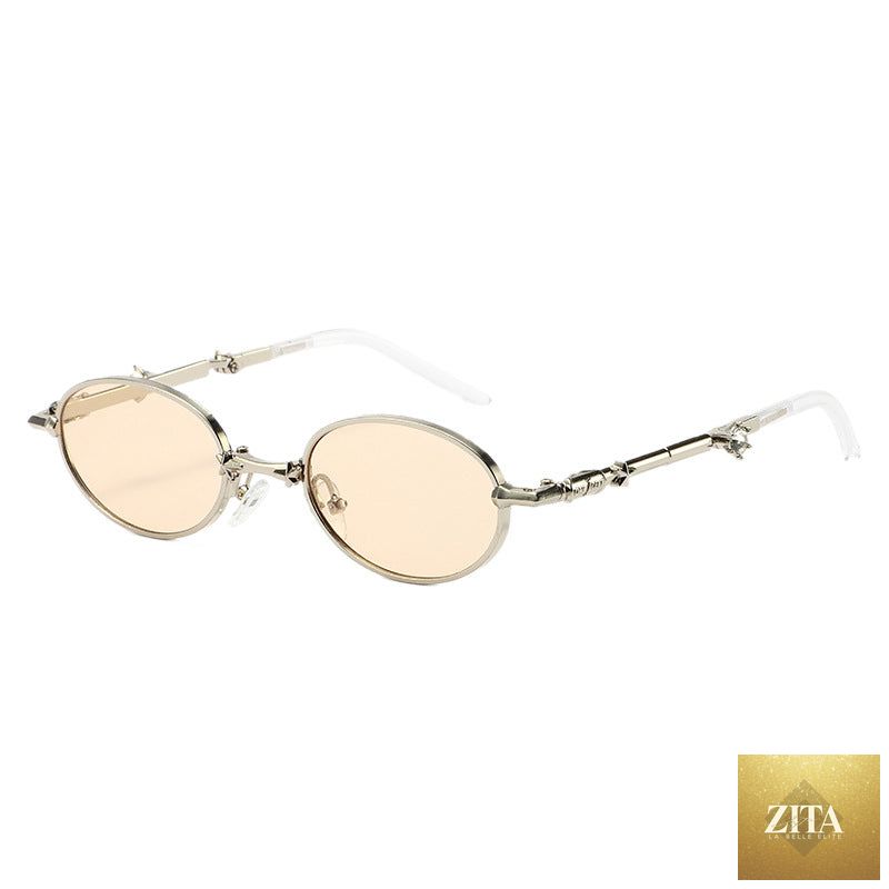 Light-tinted foldable small frame sunglasses for women by FitiqueFit, showcasing sleek luxury eyewear design.