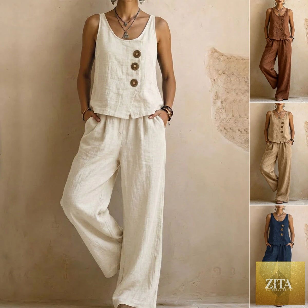 Women's cotton linen sleeveless tank top and pants two-piece set by Zita La Belle Elite, casualwear in neutral tones.