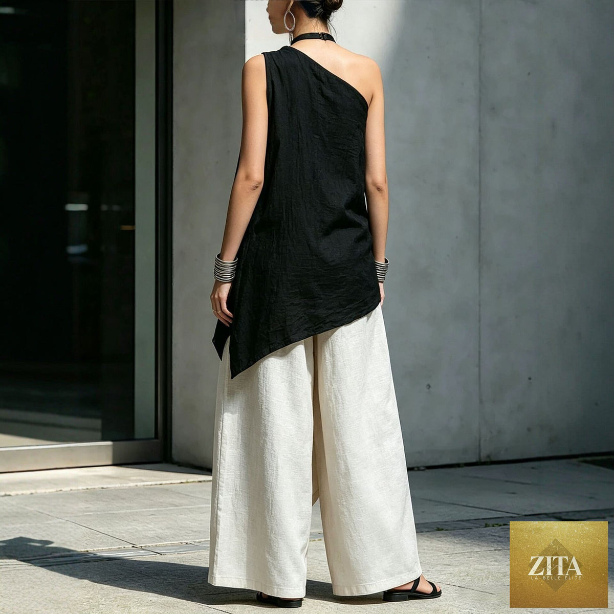 Zita La Belle Elite women's one-shoulder asymmetric sleeveless top, stylish fashion top with unique design and fitted silhouette.