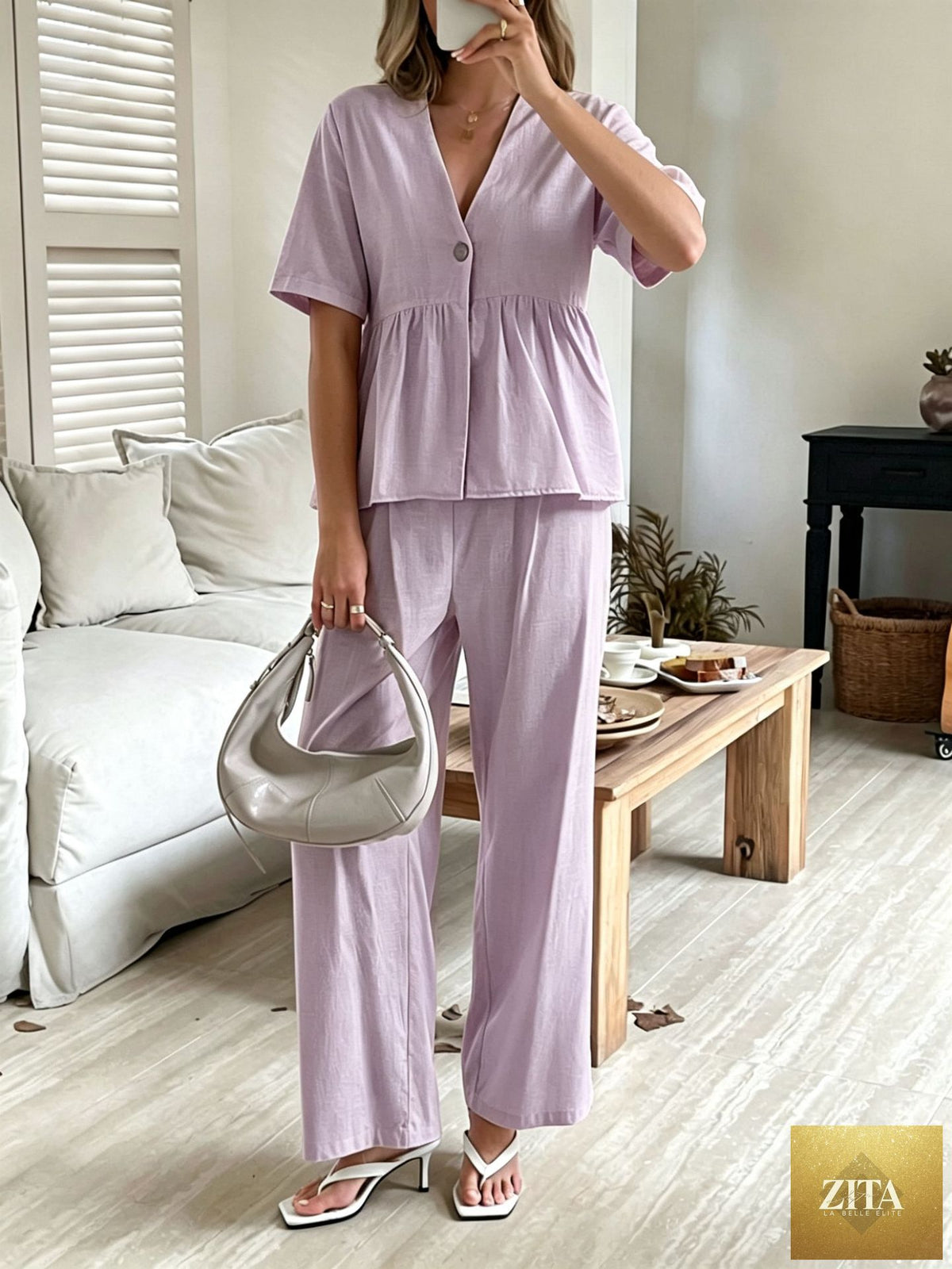 Zita La Belle Elite women's casual V-neck short-sleeve top and wide-leg pants set, in a relaxed, comfortable fit.