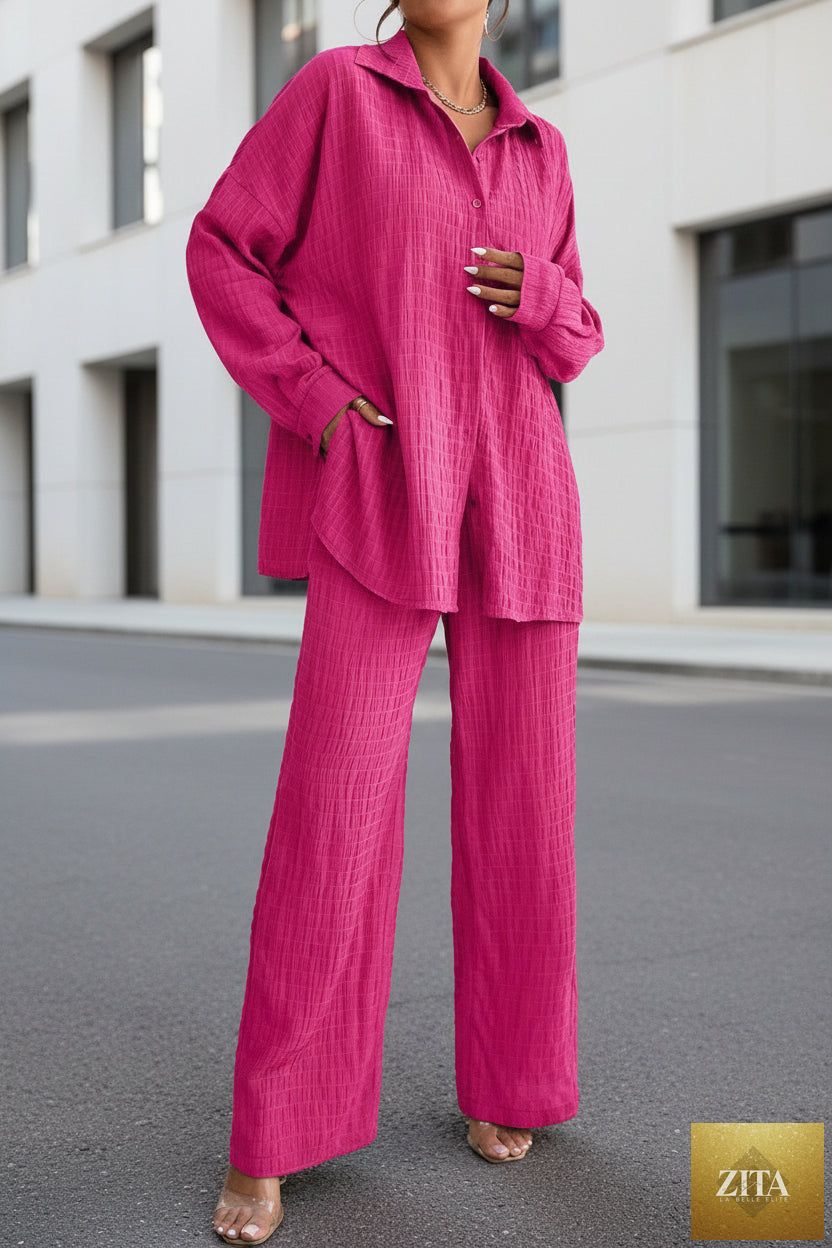 Zita La Belle Elite women's pleated long sleeve lapel two-piece casualwear set with loose top and matching pants, stylish and comfortable.