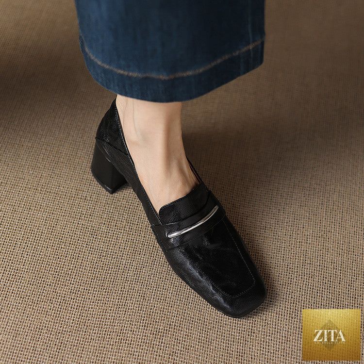 Women’s sheepskin square toe chunky heel pumps by FitiqueFit, showcasing soft sheepskin material and stylish chunky heel design.