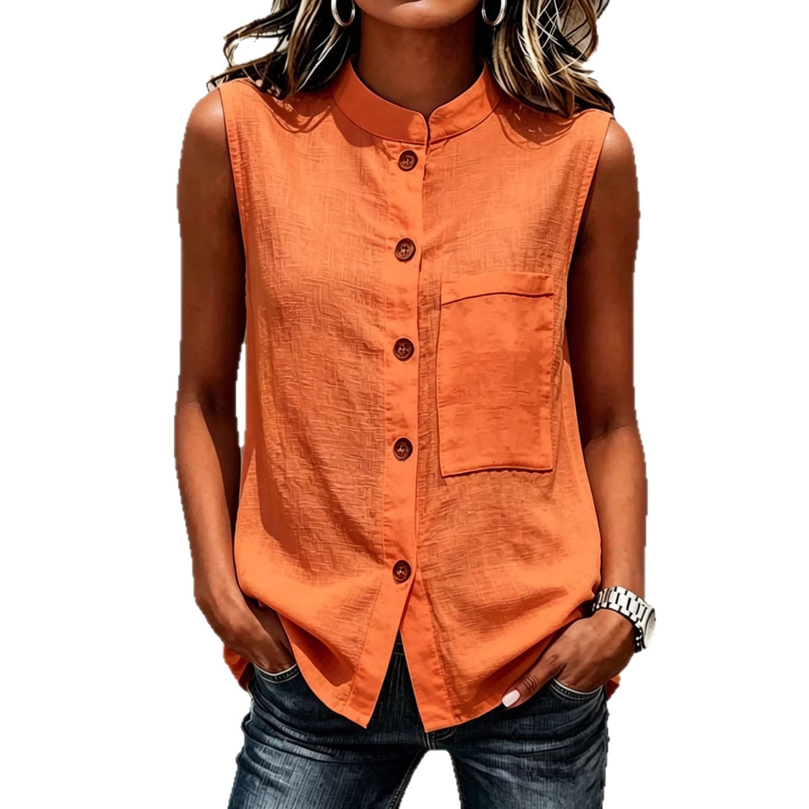 Women's sleeveless crop top by FitiqueFit featuring buttoned pockets and a solid color, perfect for casualwear.