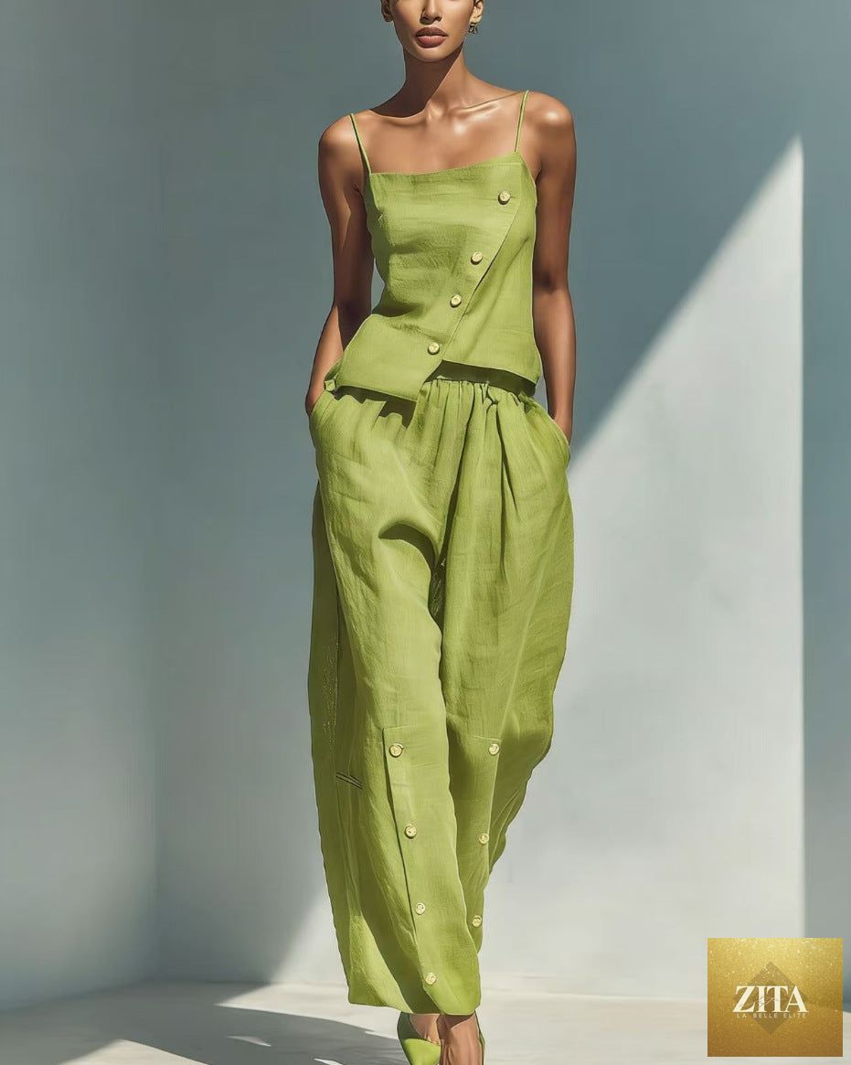 Women's gold-buckle camisole and pants two-piece casualwear set by Zita La Belle Elite, featuring a stylish gold-buckle detail.
