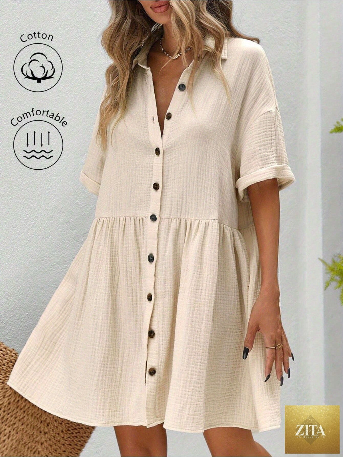 Women’s loose fit ruffle hem shirt dress by FitiqueFit, featuring a casual summer holiday style with short sleeves and a relaxed silhouette.