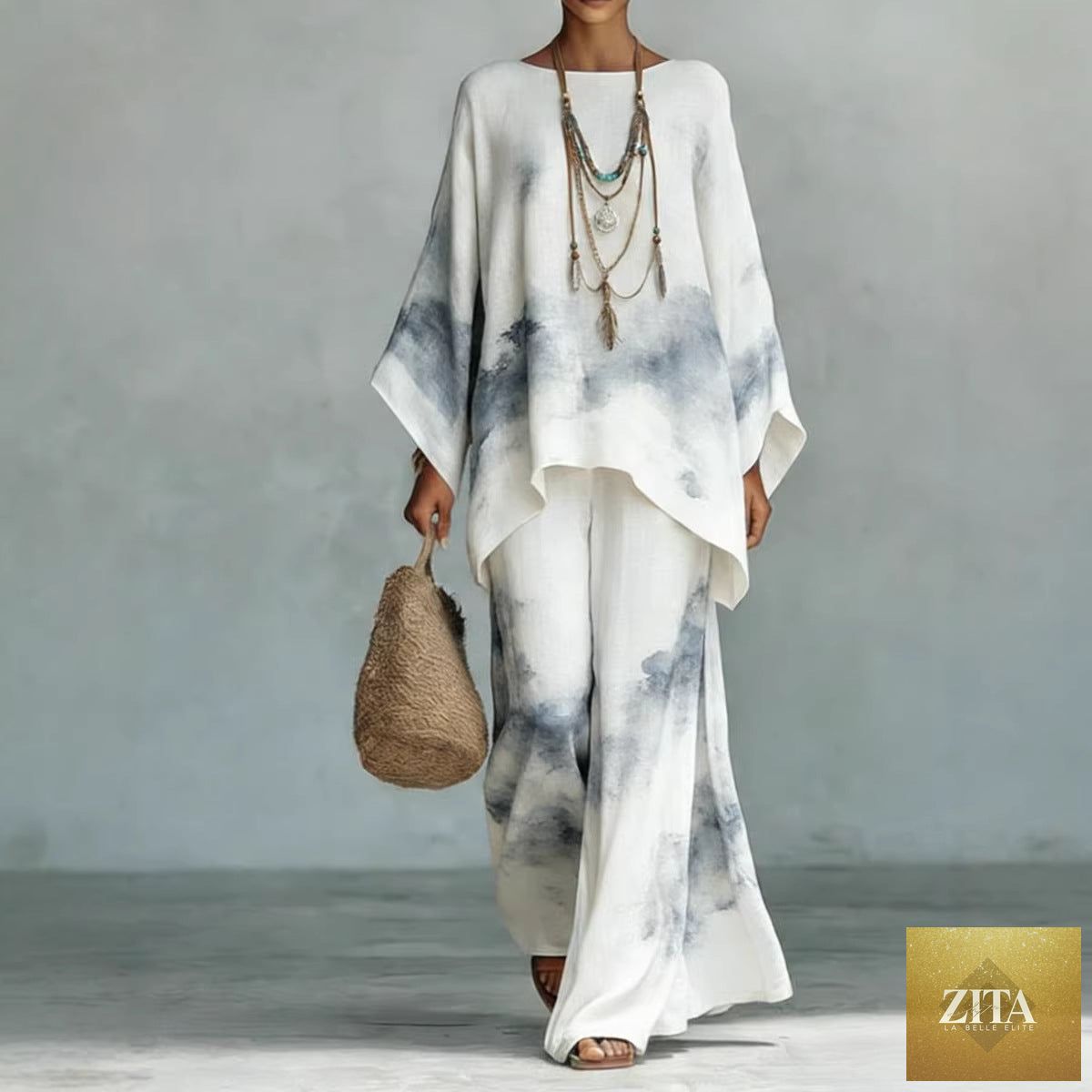 Floral print bamboo linen two-piece set with wide-leg pants by Zita La Belle Elite, showing the matching top and pants.
