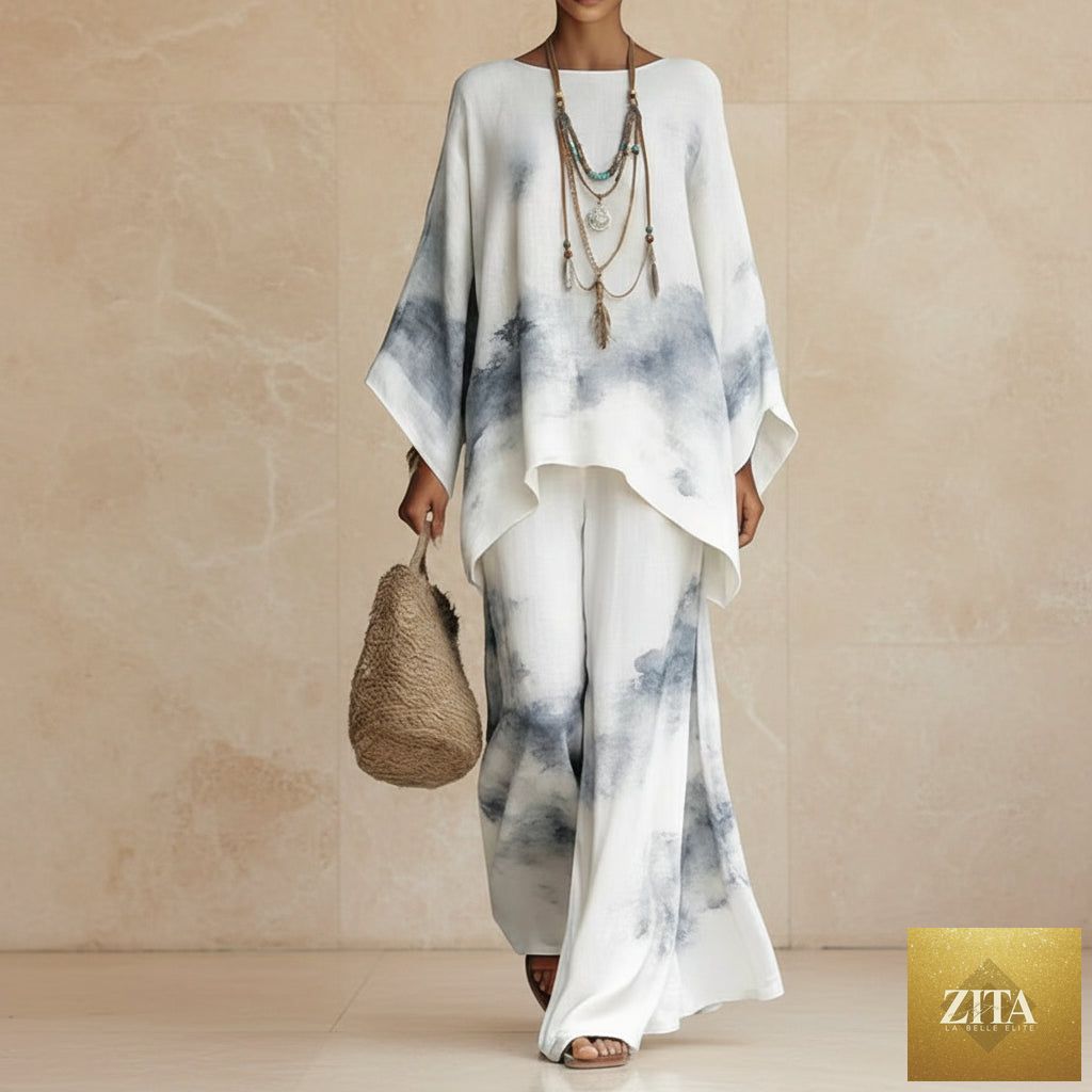 Floral print bamboo linen two-piece set with wide-leg pants from MERIDGE, shown in a colorful, flowing design.