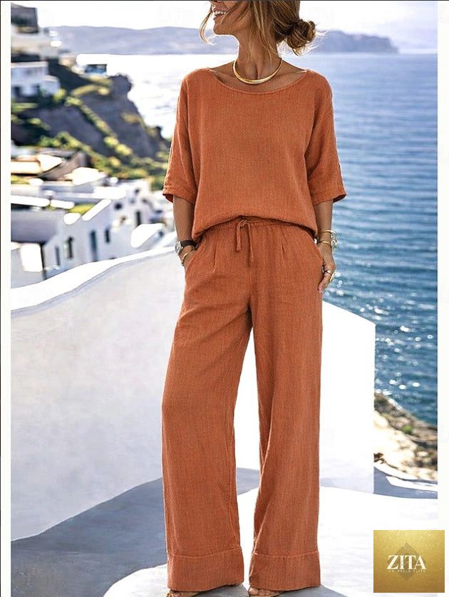 Zita La Belle Elite women's cotton linen resort set with short sleeve top and wide-leg pants, light and breathable summer outfit.