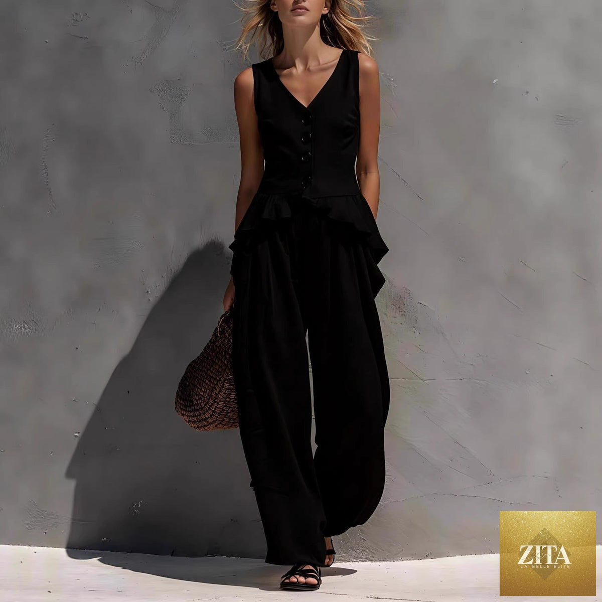 Zita La Belle Elite casualwear set with ruffled tank top and draping wide-leg pants in multiple colors, size S to 3XL.