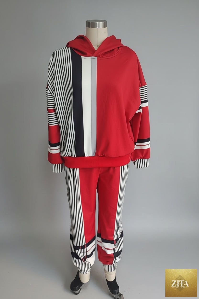 Women's Oversized Color-Block Stripe-Panel Hoodie & Jogger Pants Tracksuit Set