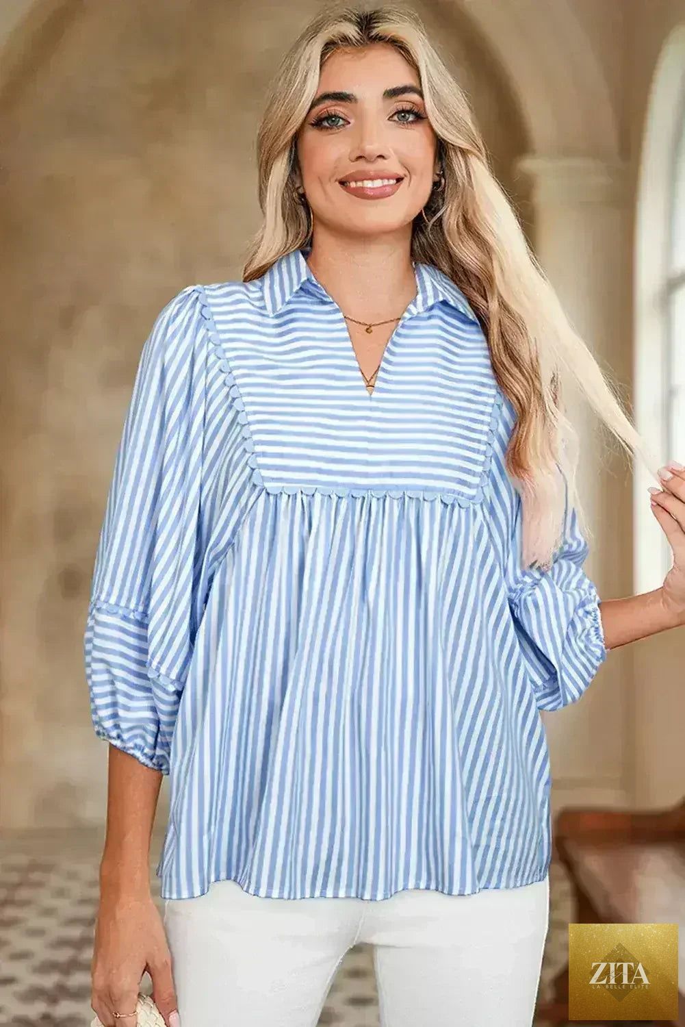 Sky blue striped ric rac trim collared V-neck blouse by Femstylo, featuring a stylish design and feminine fit.