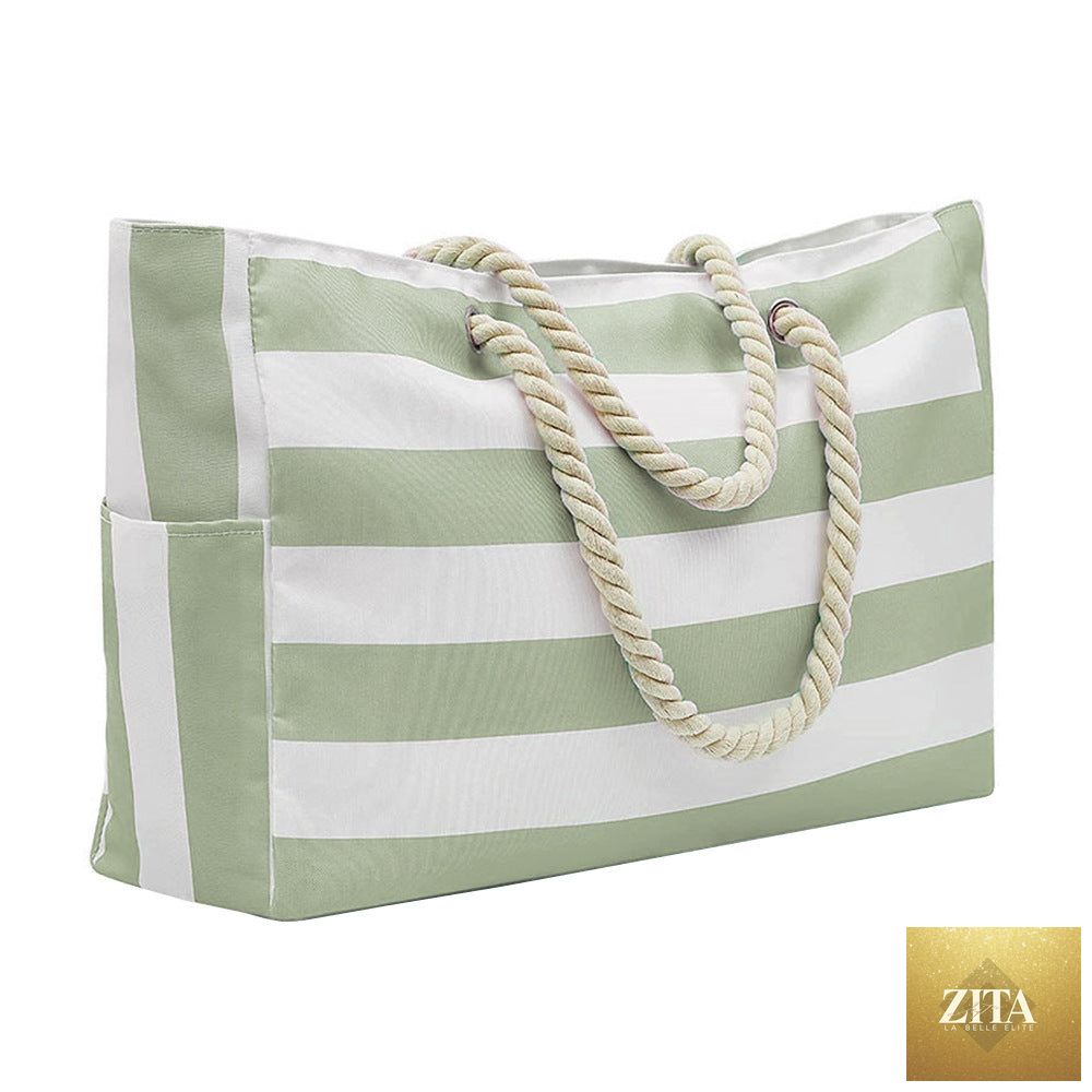 Embroidered striped beach bag with large capacity by Social Buzz eSIMs, showing colorful woven design and spacious interior.