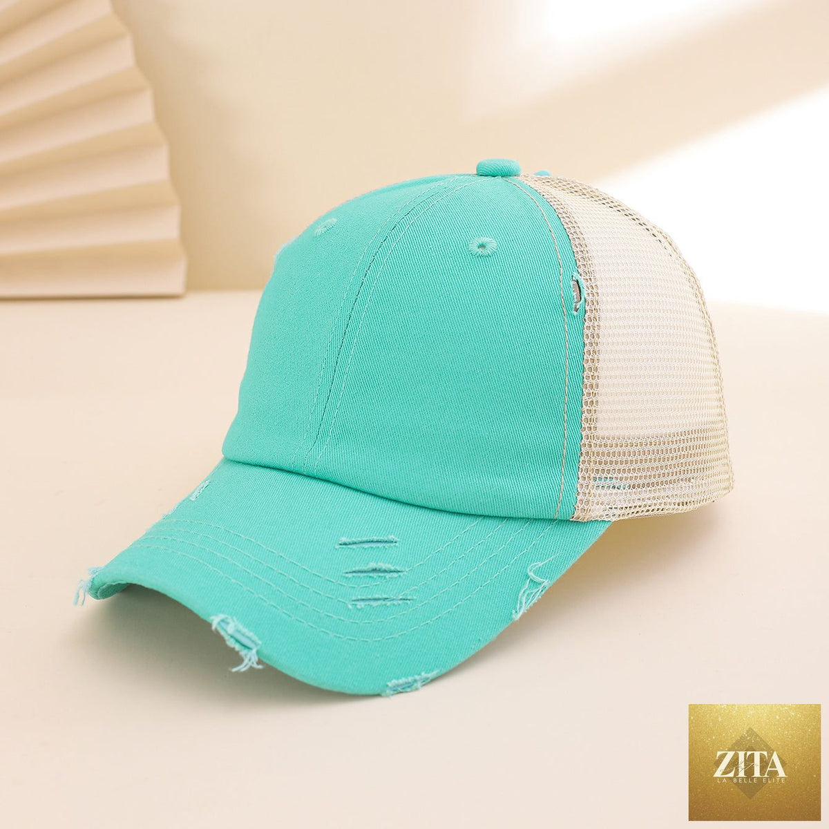 Distressed washed mesh baseball cap by Zita La Belle Elite, featuring frayed edges, unisex design, perfect for outdoor and daily wear.