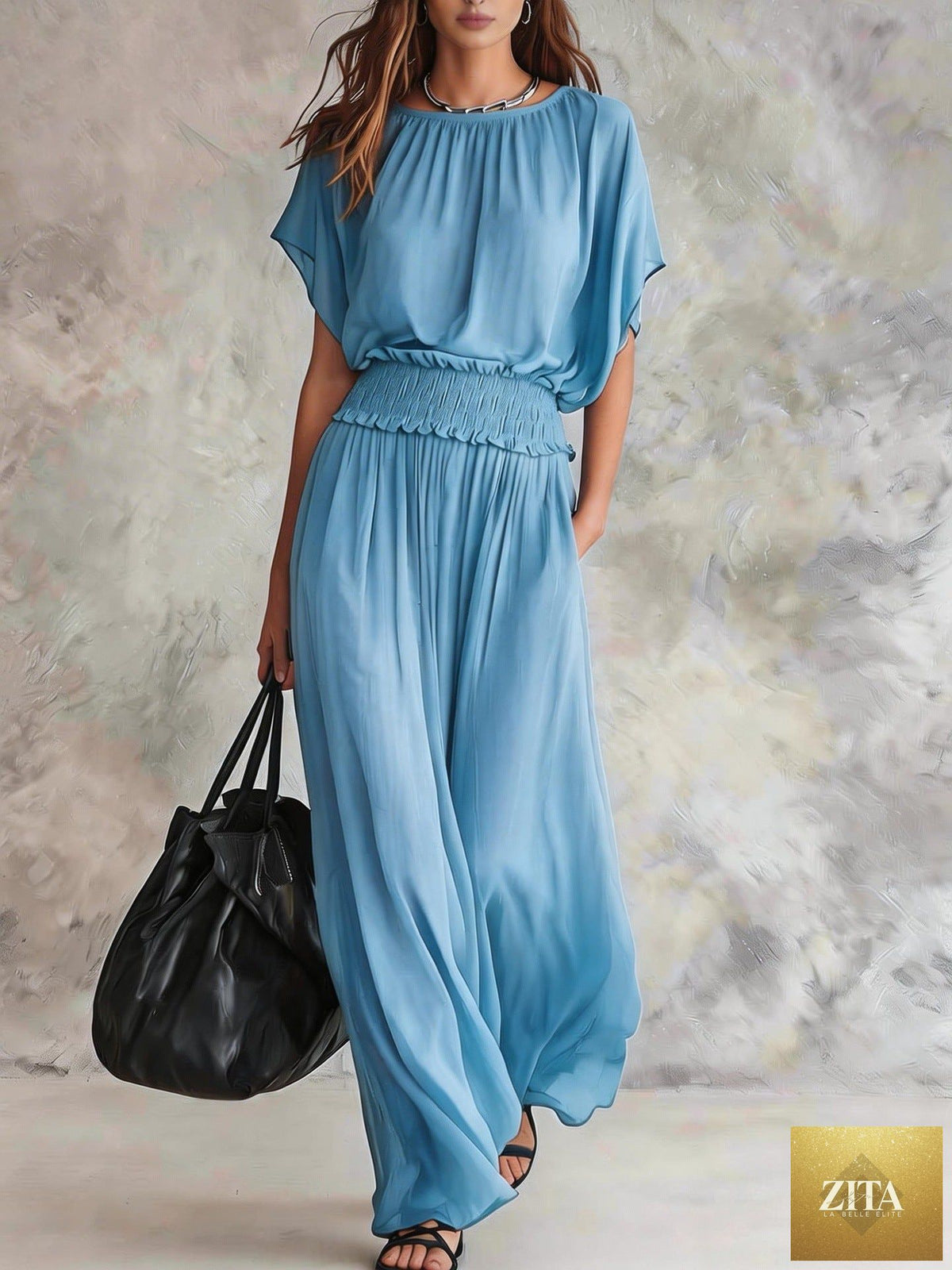 Women's chiffon high-waist ruched maxi dress by FitiqueFit, flowing fabric with elegant ruching detail and a high-waist silhouette.