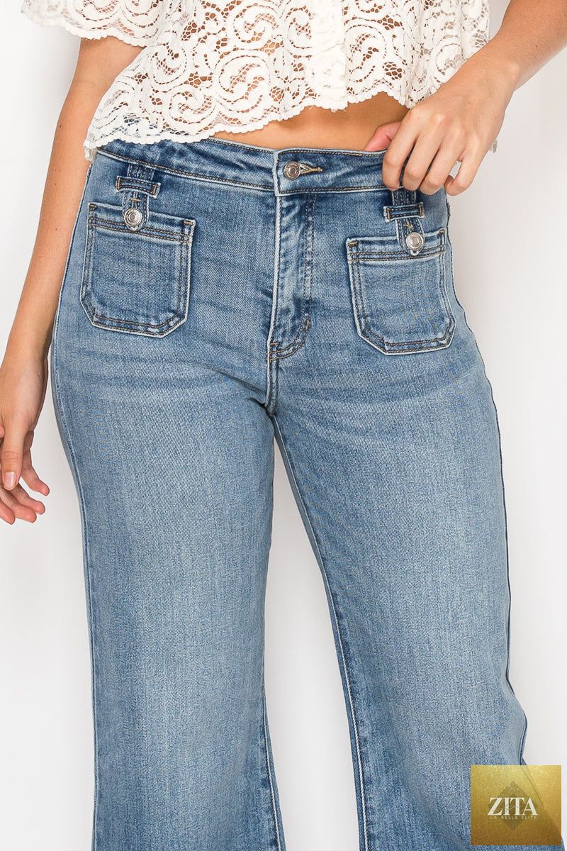 A pair of Artemis Vintage Aurelia high-rise crop palazzo jeans with tummy control in denim fabric, shown on a model.