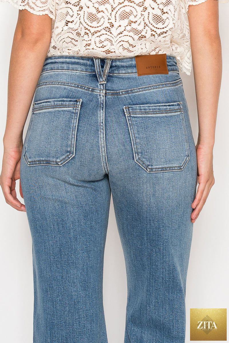 Aurelia high rise crop palazzo jeans by Artemis Vintage featuring tummy control, high waist, and wide-leg style.