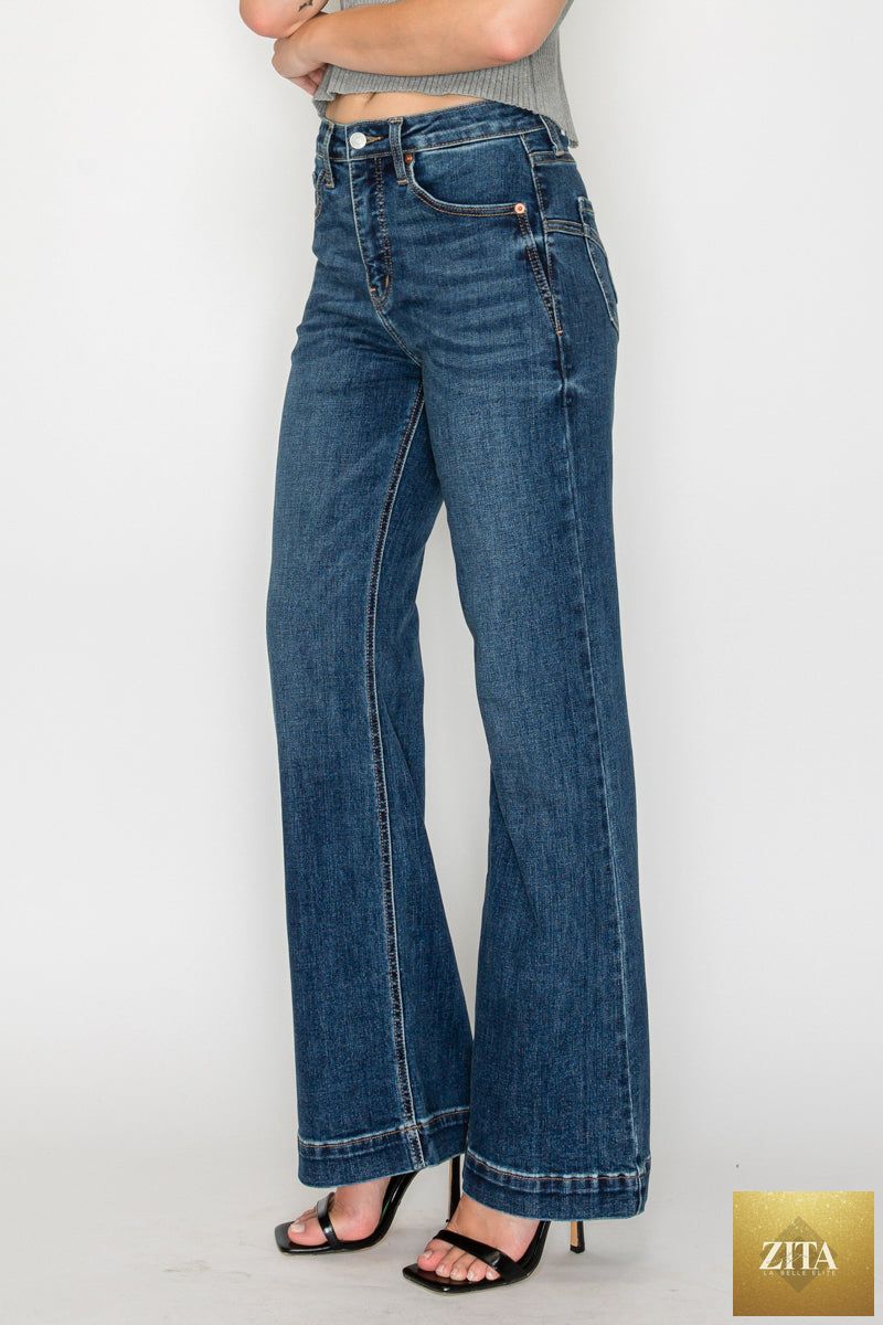 Josephine Tummy Control High Rise Relaxed Holly Flare Jeans by Artemis Vintage, showcasing a stylish pair of high-waist jeans with flared legs.