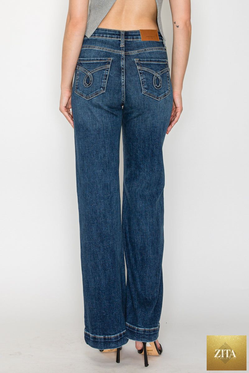 Artemis Vintage Josephine high-rise relaxed flare jeans with tummy control, denim fabric, and classic Holly flare style.