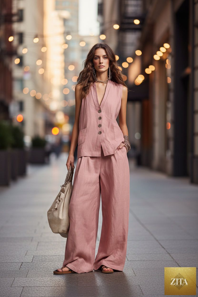 Zita La Belle Elite women's casual sleeveless vest and wide-leg pants two-piece set in a stylish design, available in 10 colors.