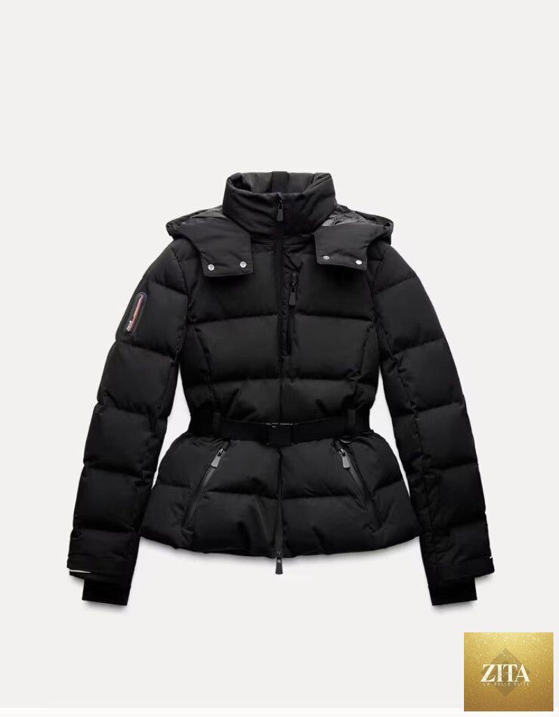 Zita La Belle Elite ski suit with belt, stand-up collar, warm cotton jacket, designed for winter outdoor activities.